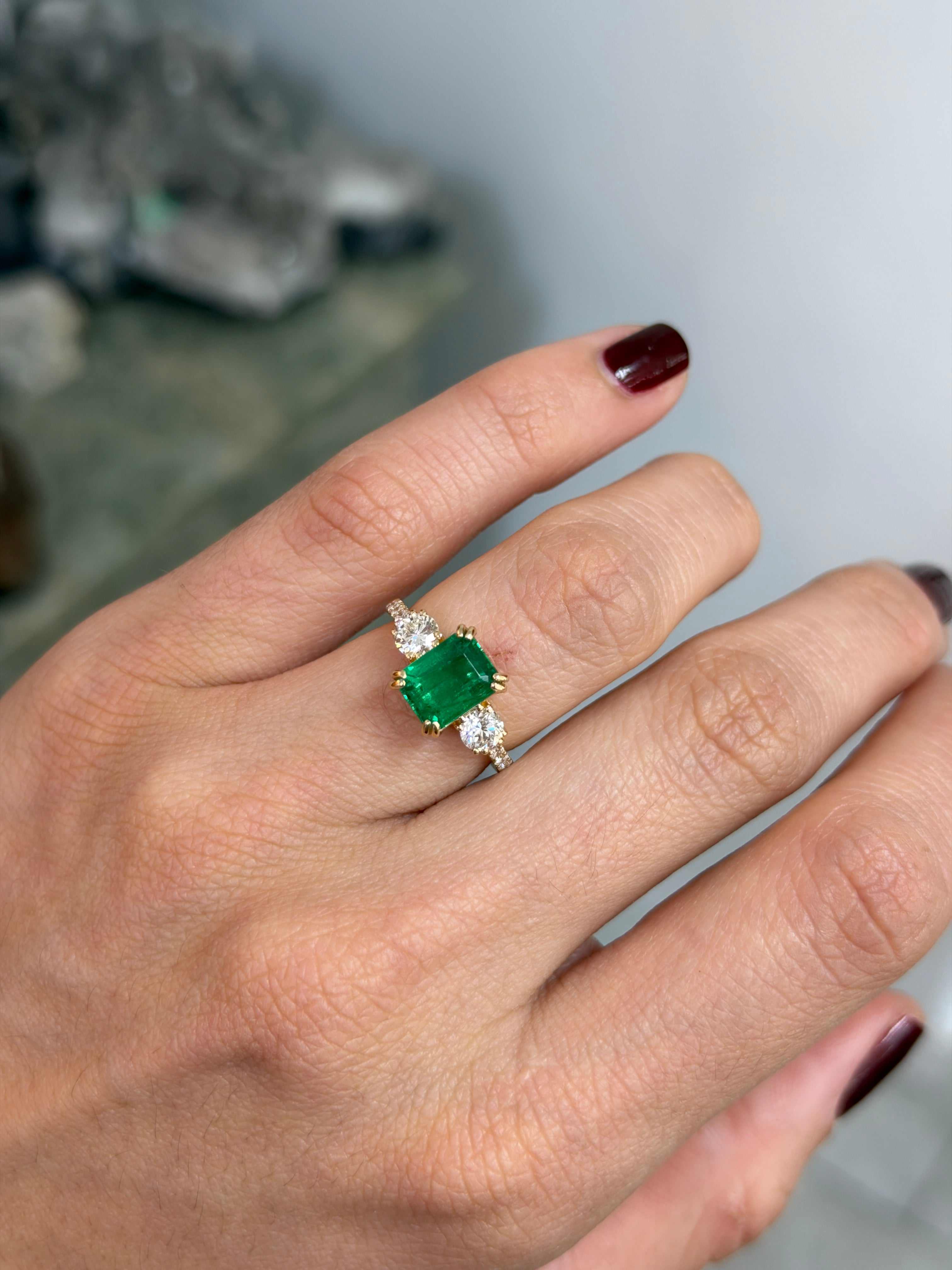 3.16tcw Classic Emerald Cut & Lab Diamond Three Stone with Accents 14K - JR Colombian Emeralds