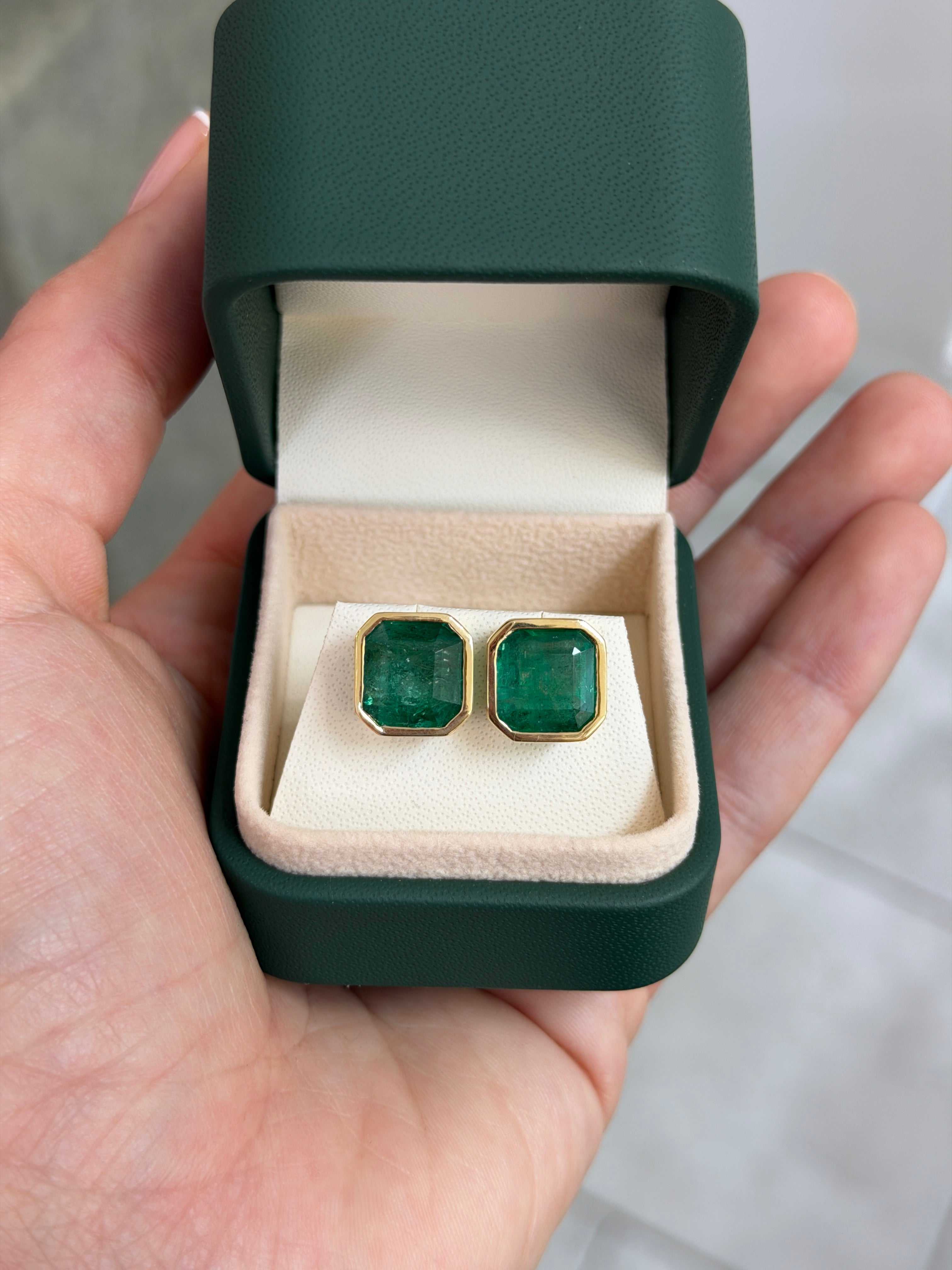 11.95tcw XL Asscher Cut Emerald Bezel Earrings 18K