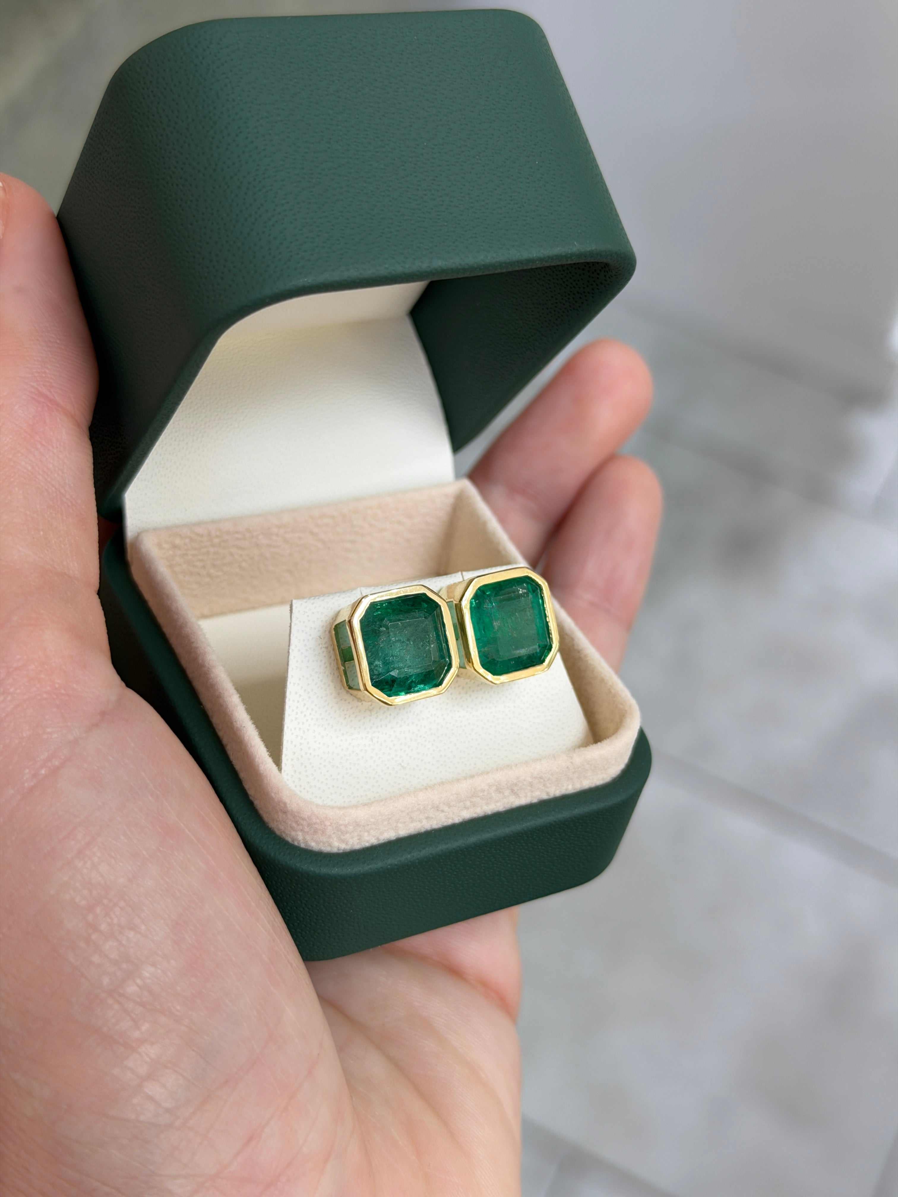 11.95tcw XL Asscher Cut Emerald Bezel Earrings 18K