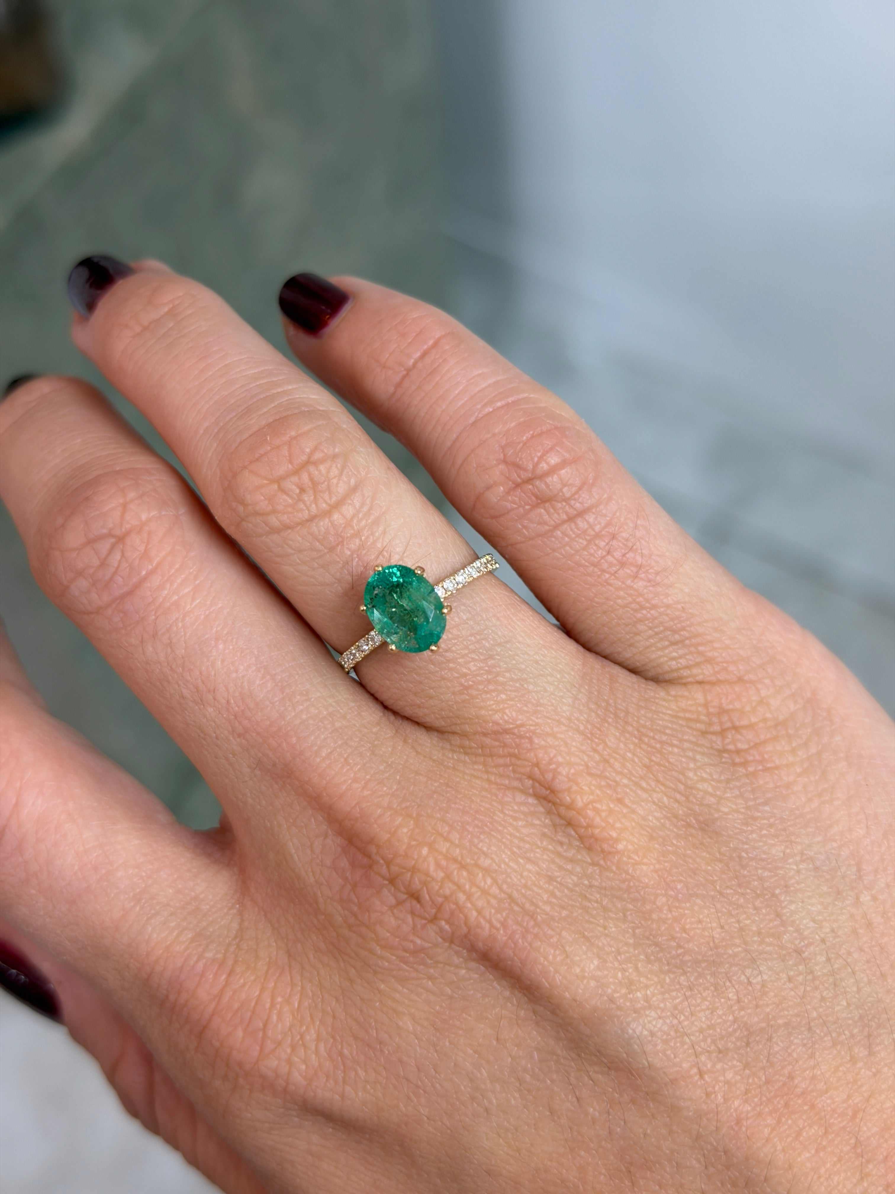 2.40tcw Natural Oval Freckled Emerald & Lab Diamond Accented Engagement Ring 14K - JR Colombian Emeralds