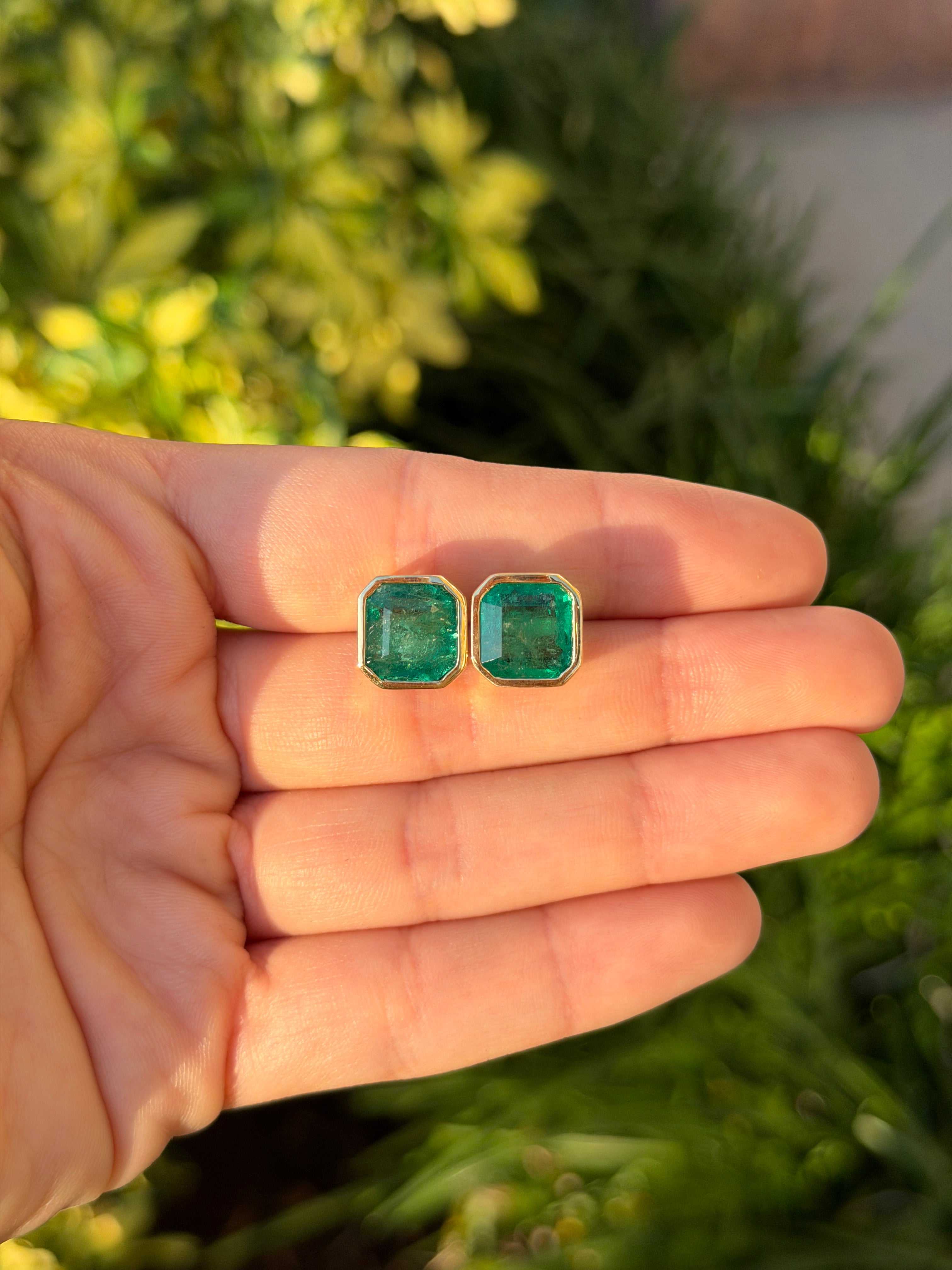 11.95tcw XL Asscher Cut Emerald Bezel Earrings 18K