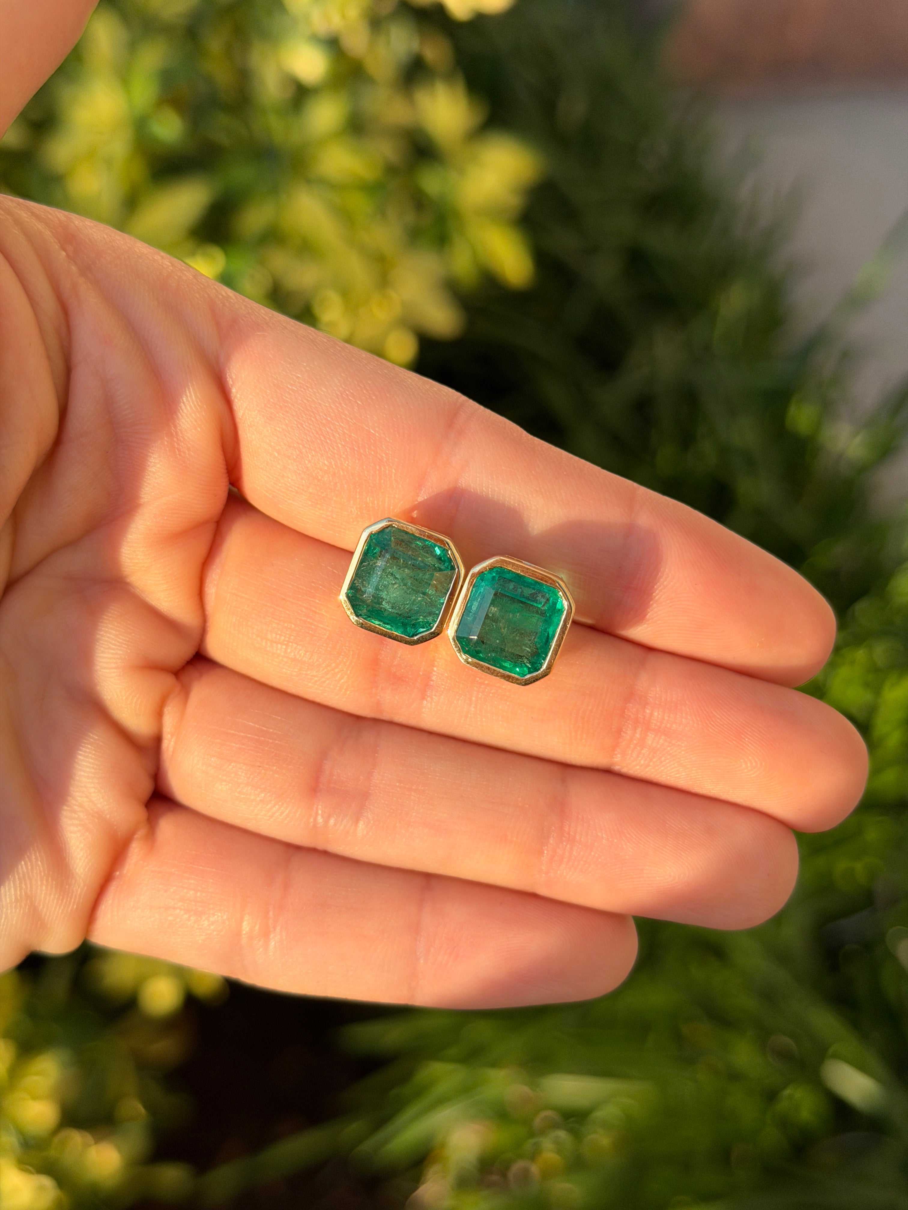 11.95tcw XL Asscher Cut Emerald Bezel Earrings 18K