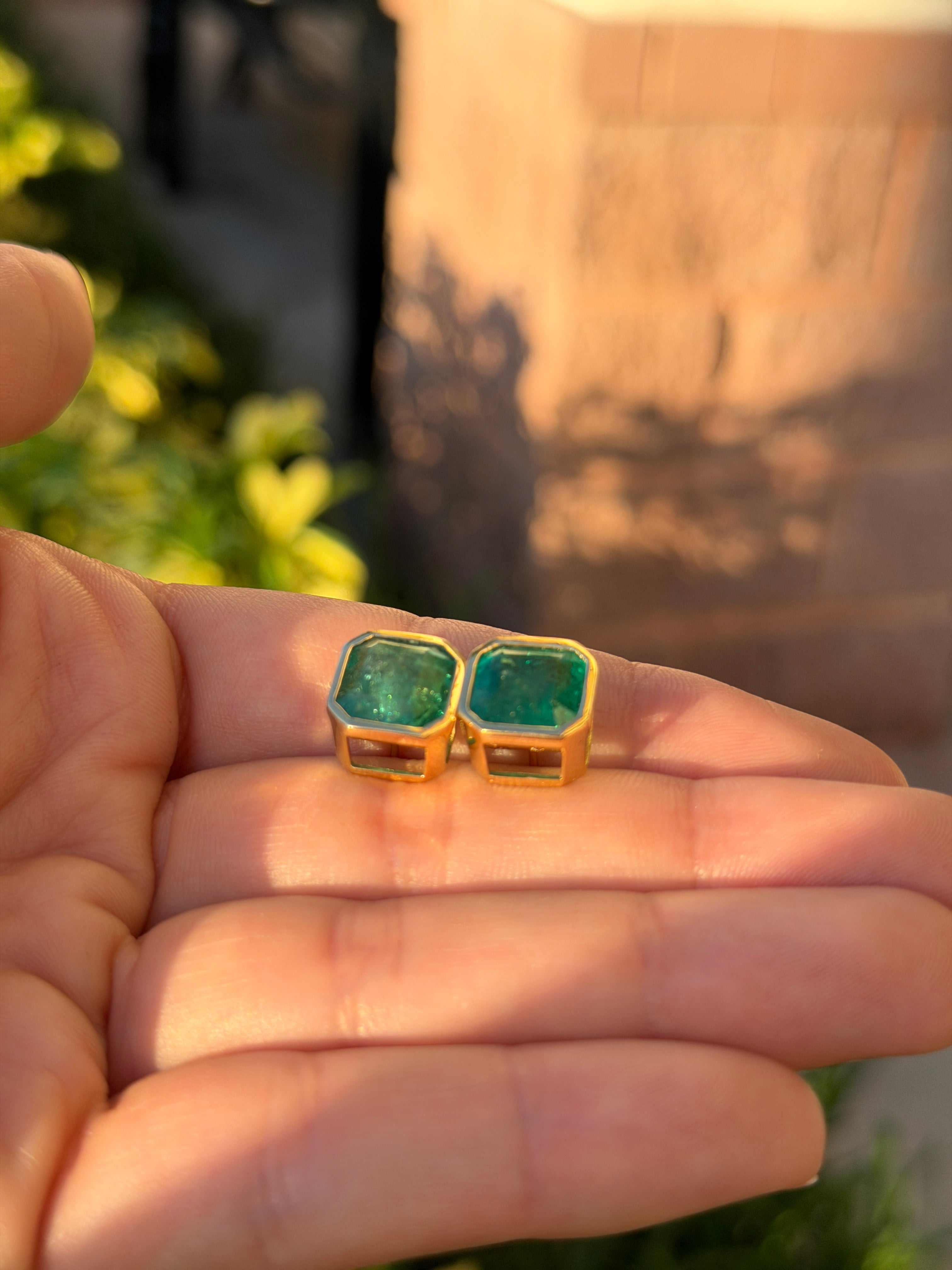 11.95tcw XL Asscher Cut Emerald Bezel Earrings 18K