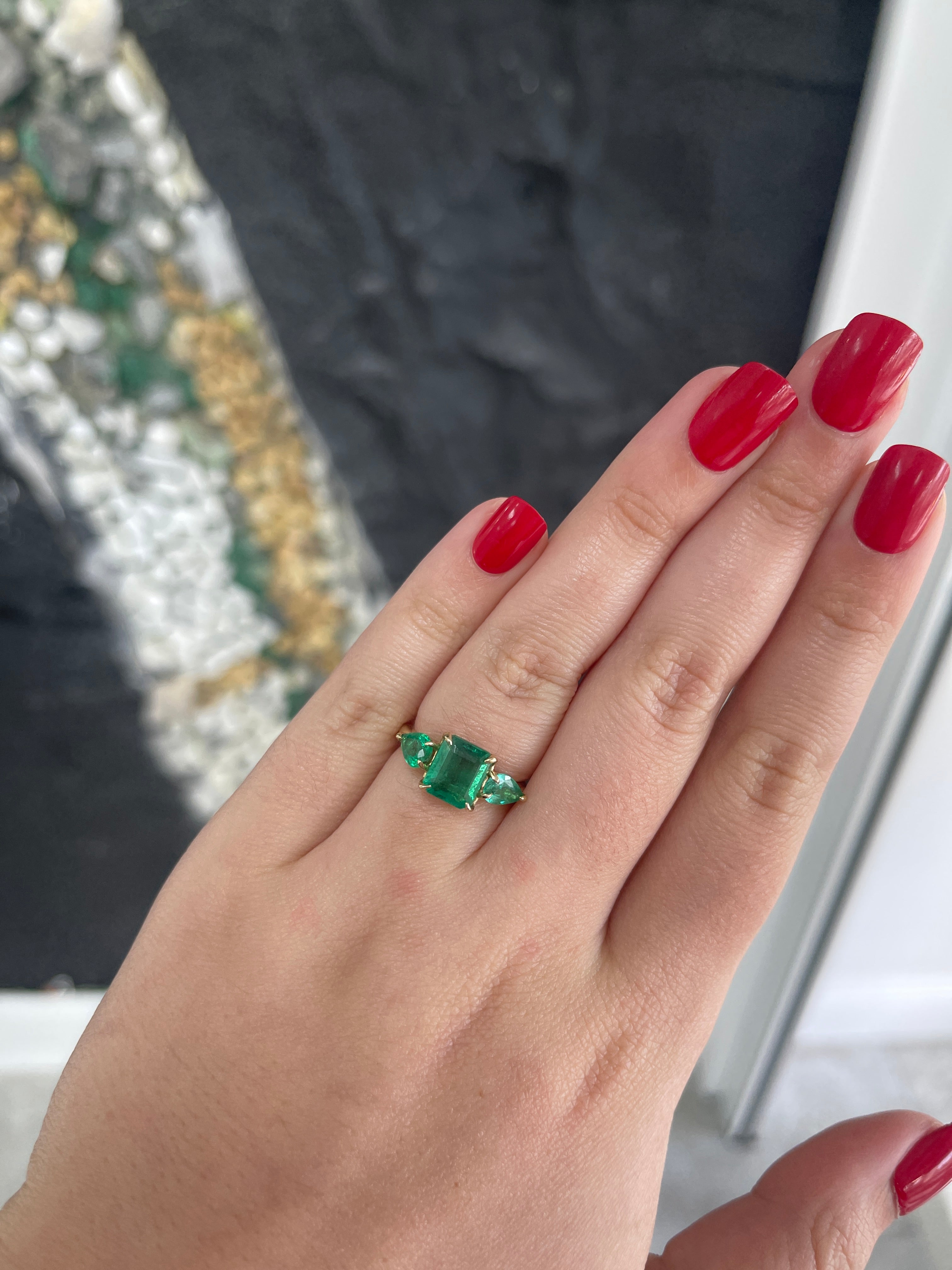 3.08tcw 14K Natural Emerald Cut Emerald & Pear Lush Dark Green Three Stone Ring