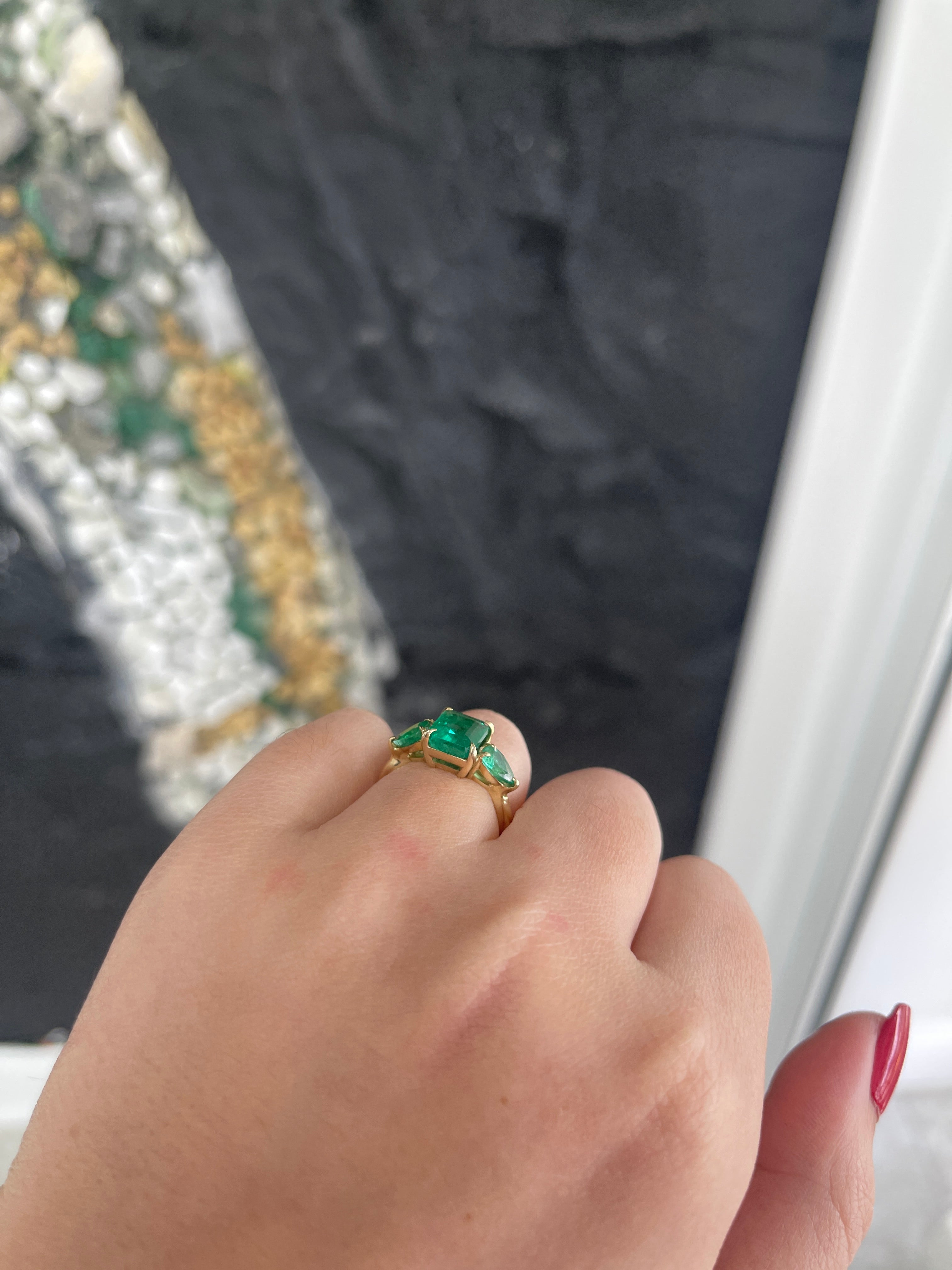 3.08tcw 14K Natural Emerald Cut Emerald & Pear Lush Dark Green Three Stone Ring