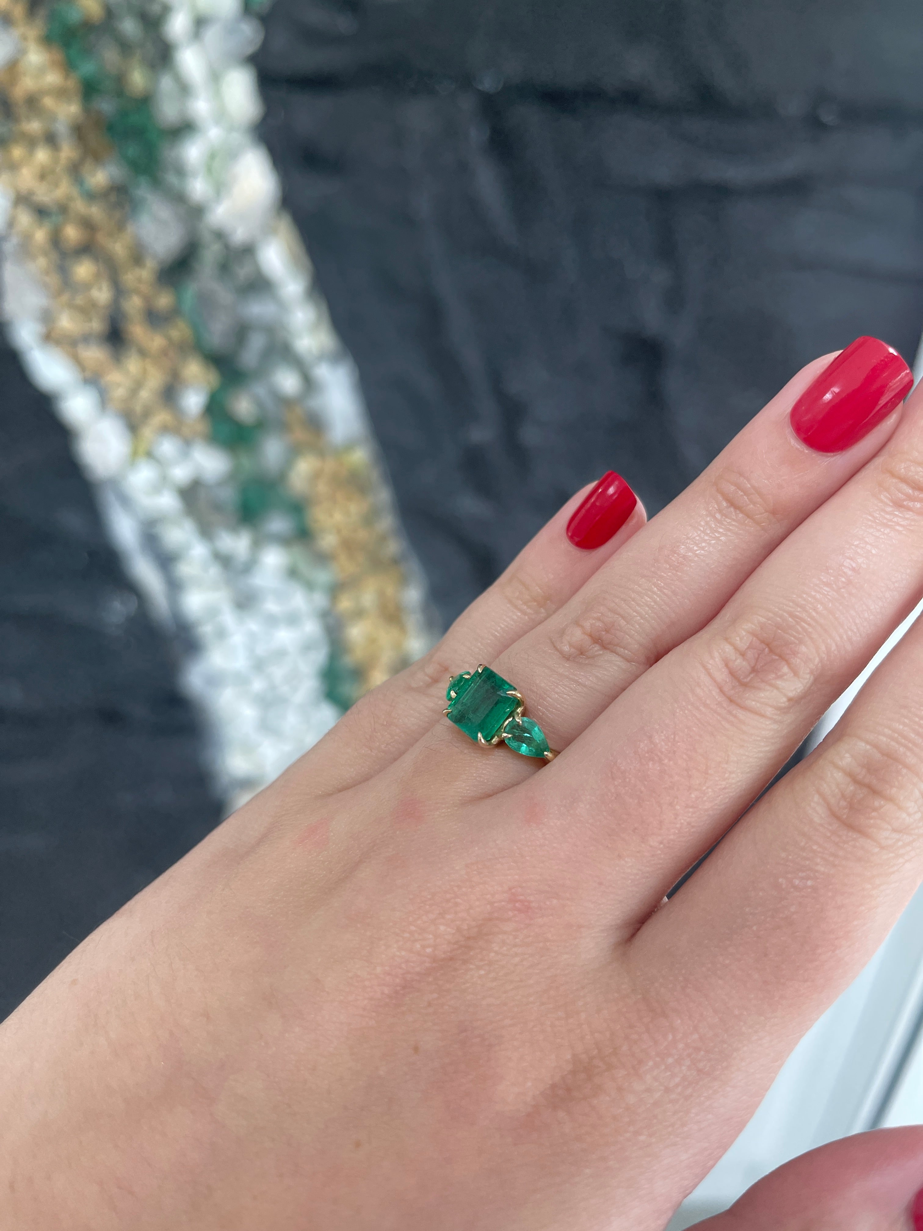 3.08tcw 14K Natural Emerald Cut Emerald & Pear Lush Dark Green Three Stone Ring