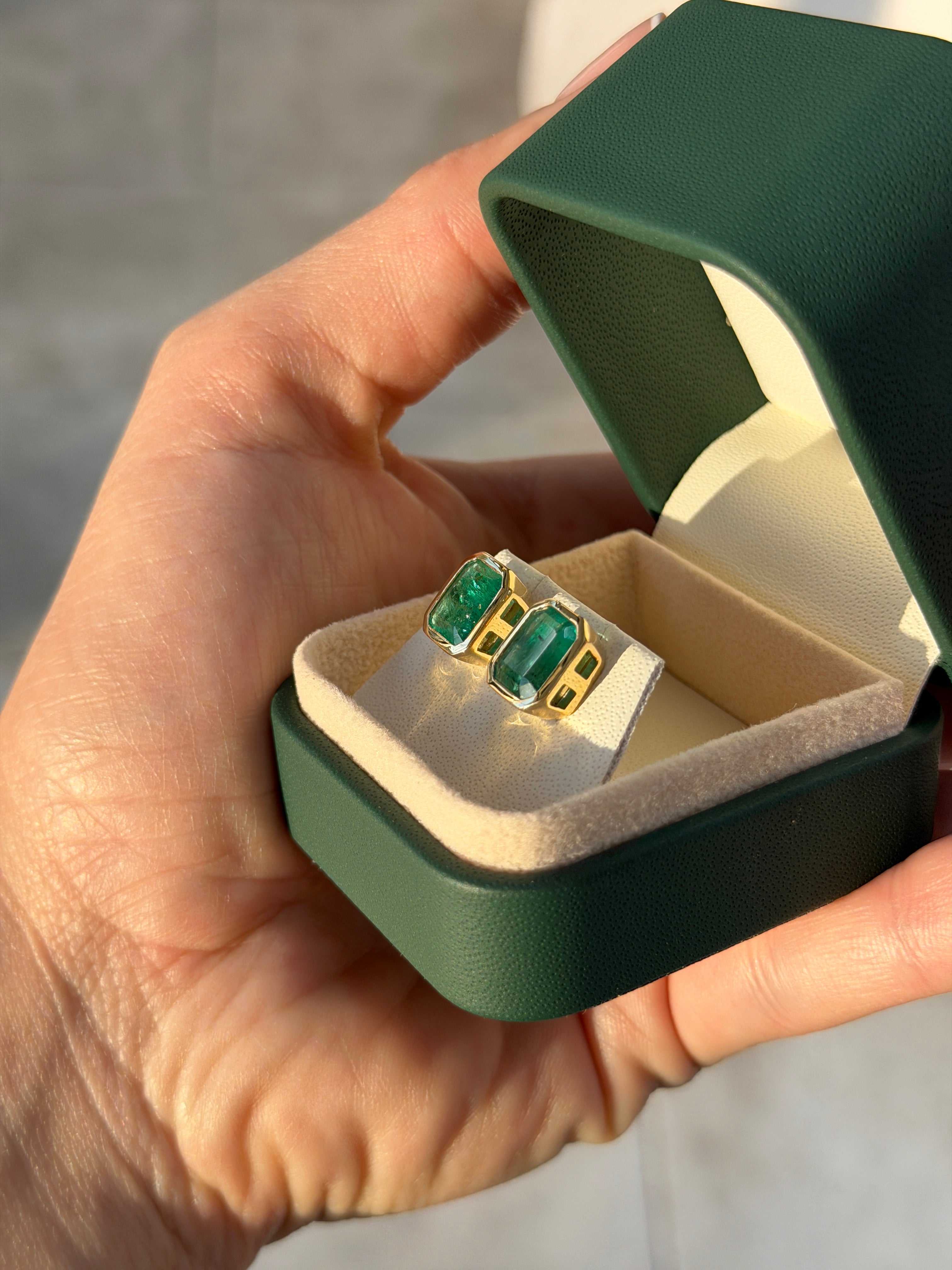 4.56tcw Emerald Cut Emerald Bezel Studs 18K