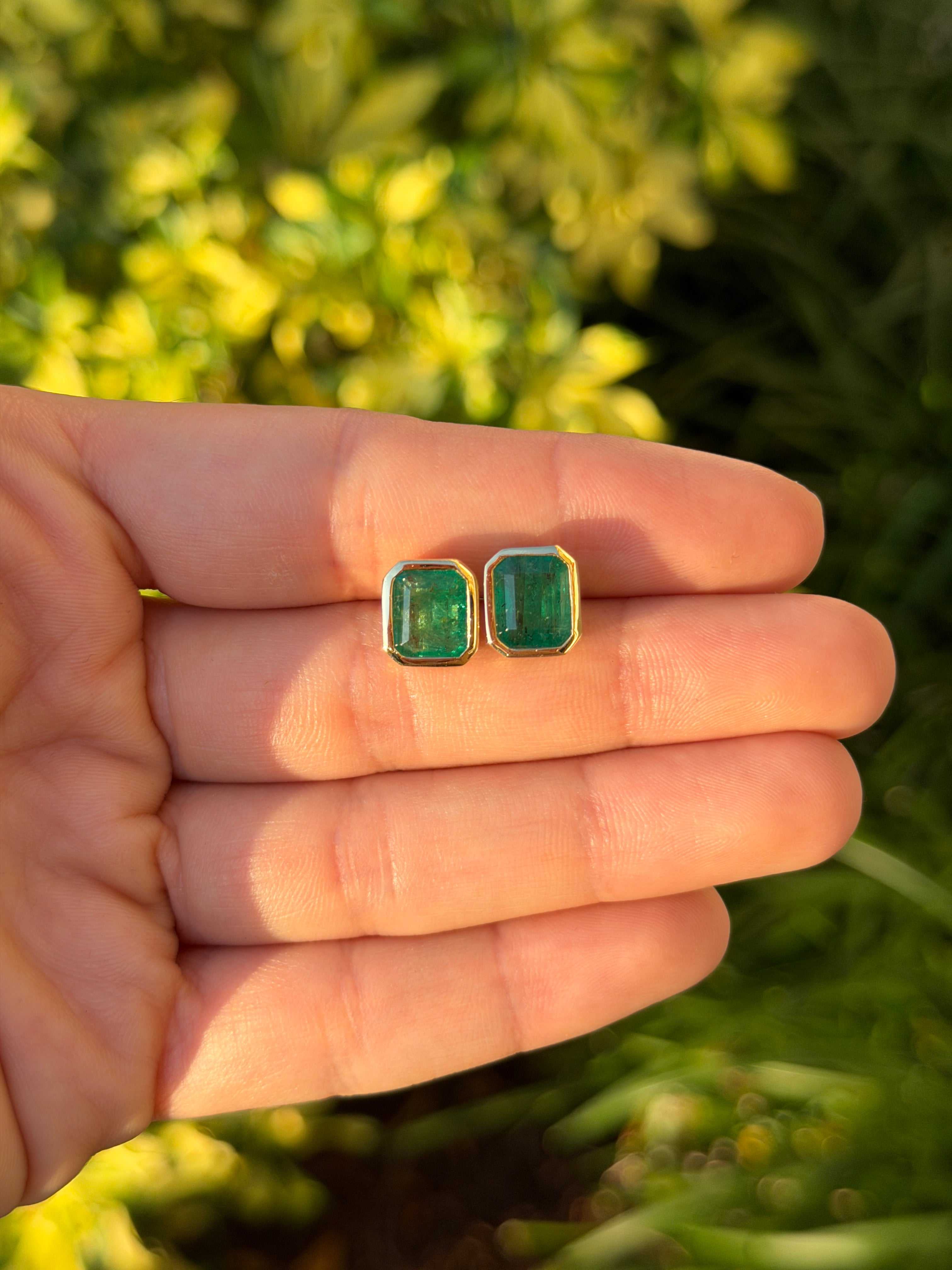 4.56tcw Emerald Cut Emerald Bezel Studs 18K