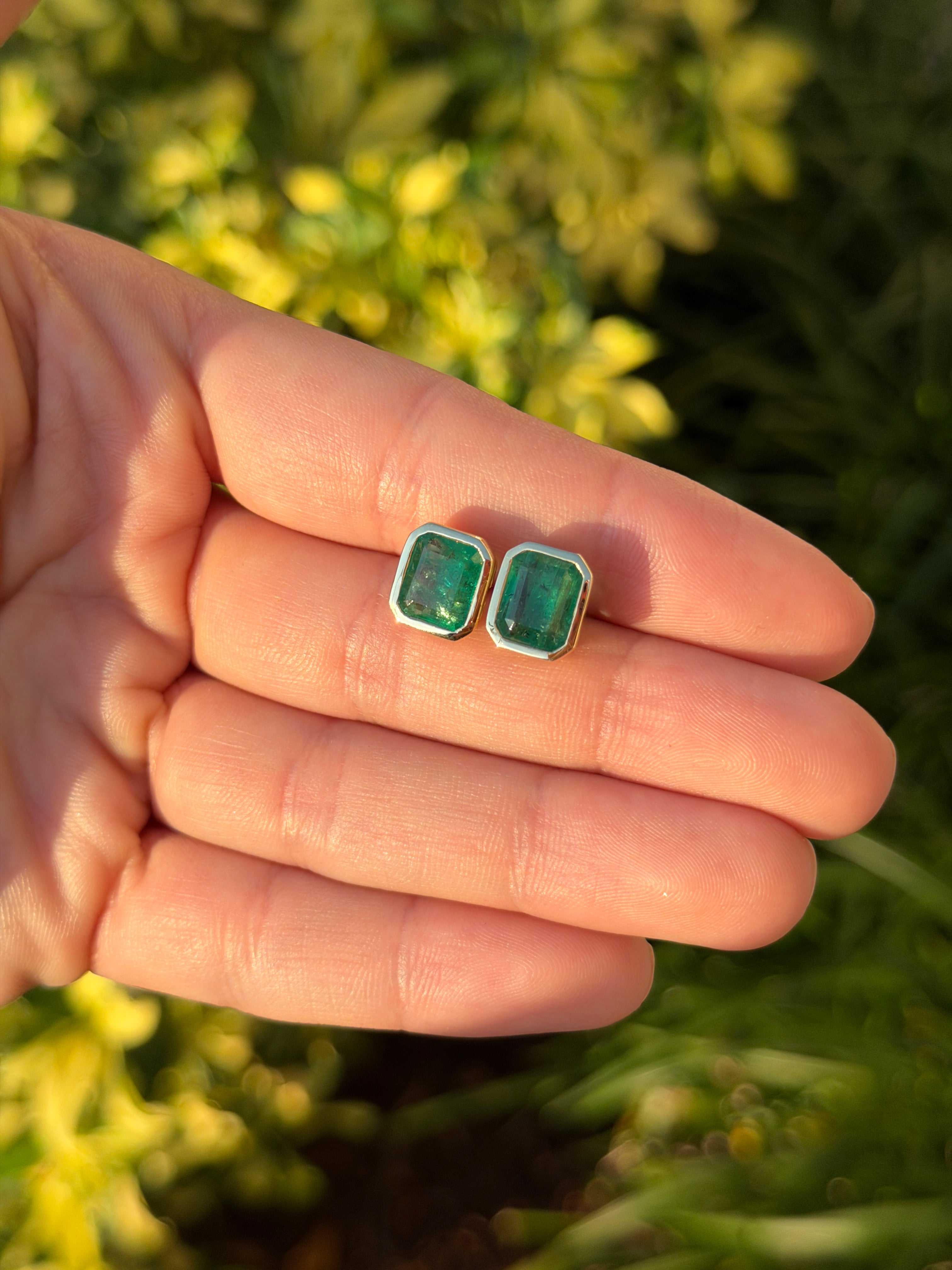 4.56tcw Emerald Cut Emerald Bezel Studs 18K