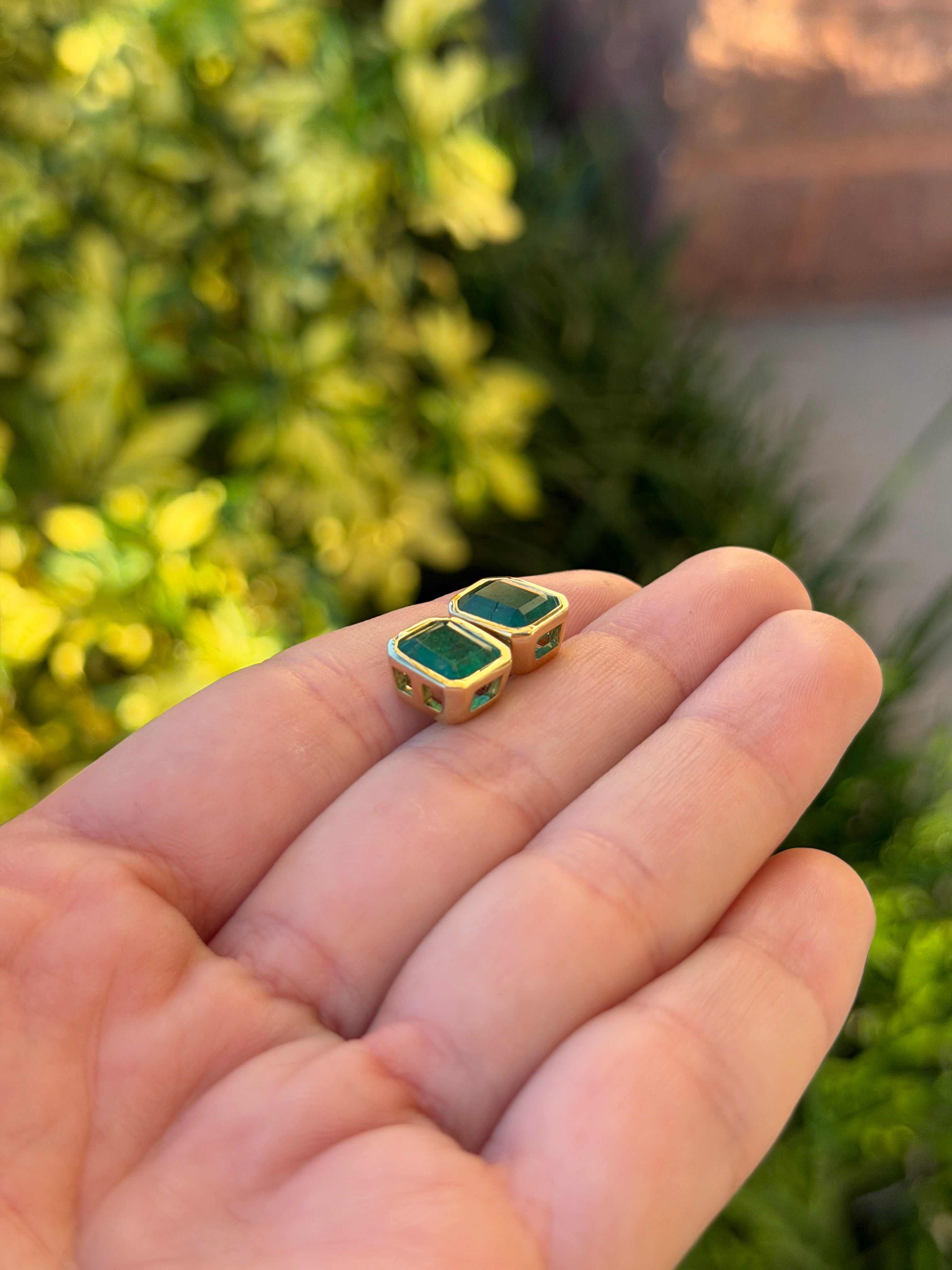 4.56tcw Emerald Cut Emerald Bezel Studs 18K