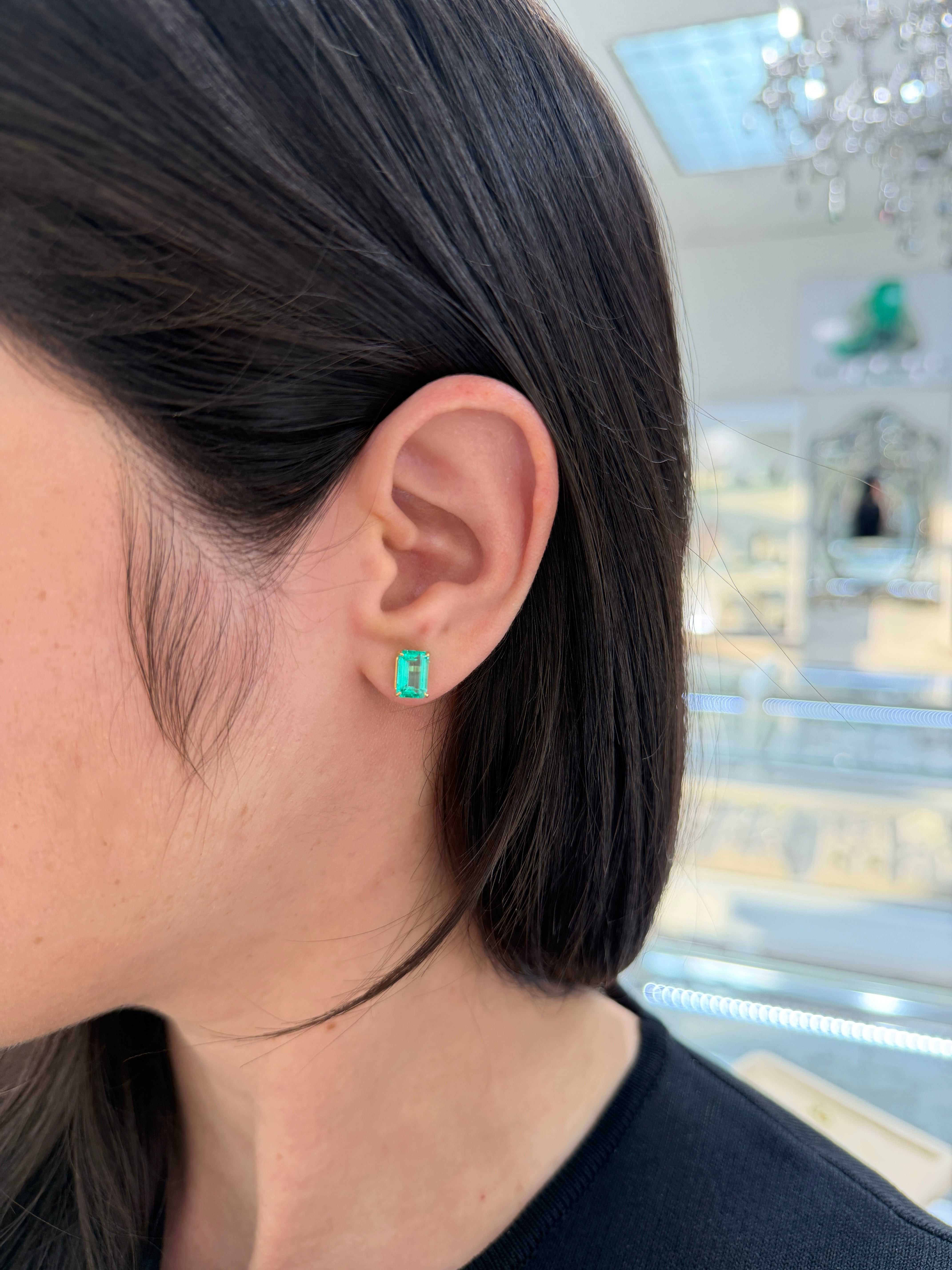 2.86tcw Light Bluish Green Crystal Clear Colombian Emerald Studs 18K