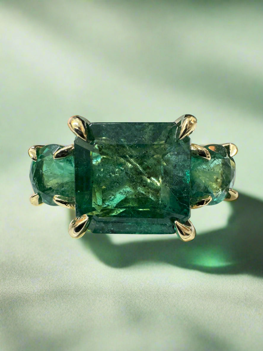 5.70tcw All Emerald Three Stone Ring 14K - JR Colombian Emeralds
