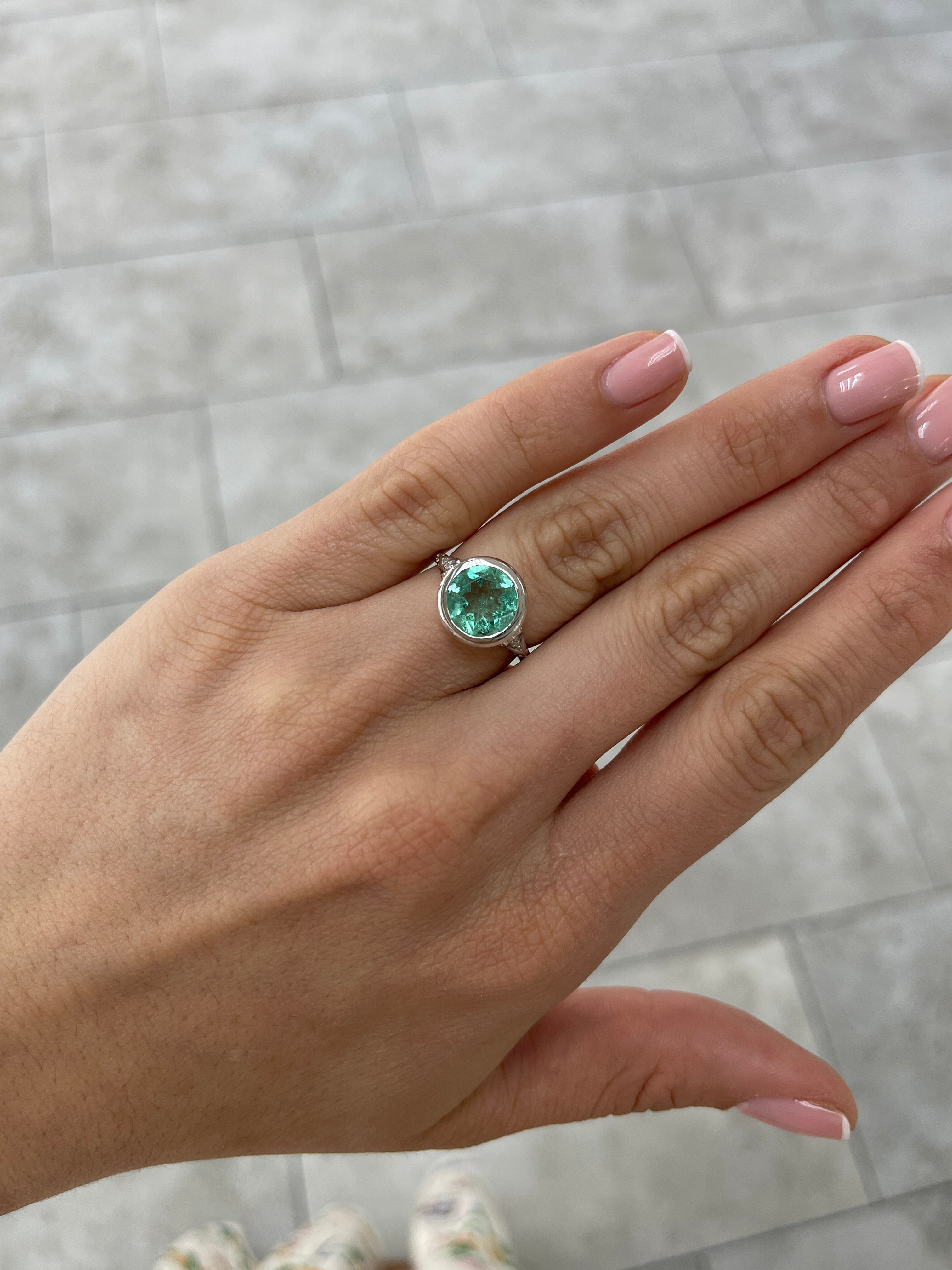 IG Exclusive 2.53 Carat Round Colombian Emerald Vintage Bezel Set Solitaire with Diamond Ring 14K White - JR Colombian Emeralds