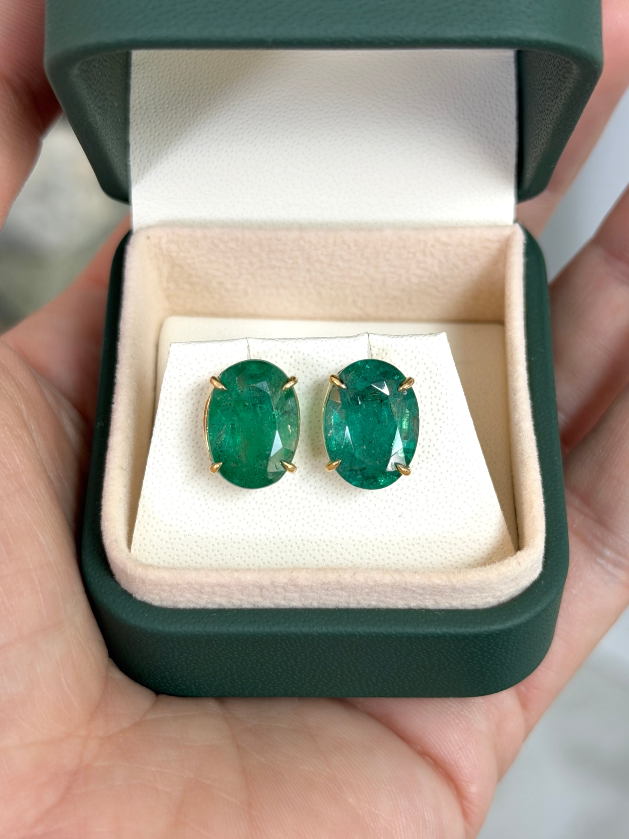 11.90tcw Classic Green Oval Emerald Solitaire Stud Earrings 18K - JR Colombian Emeralds