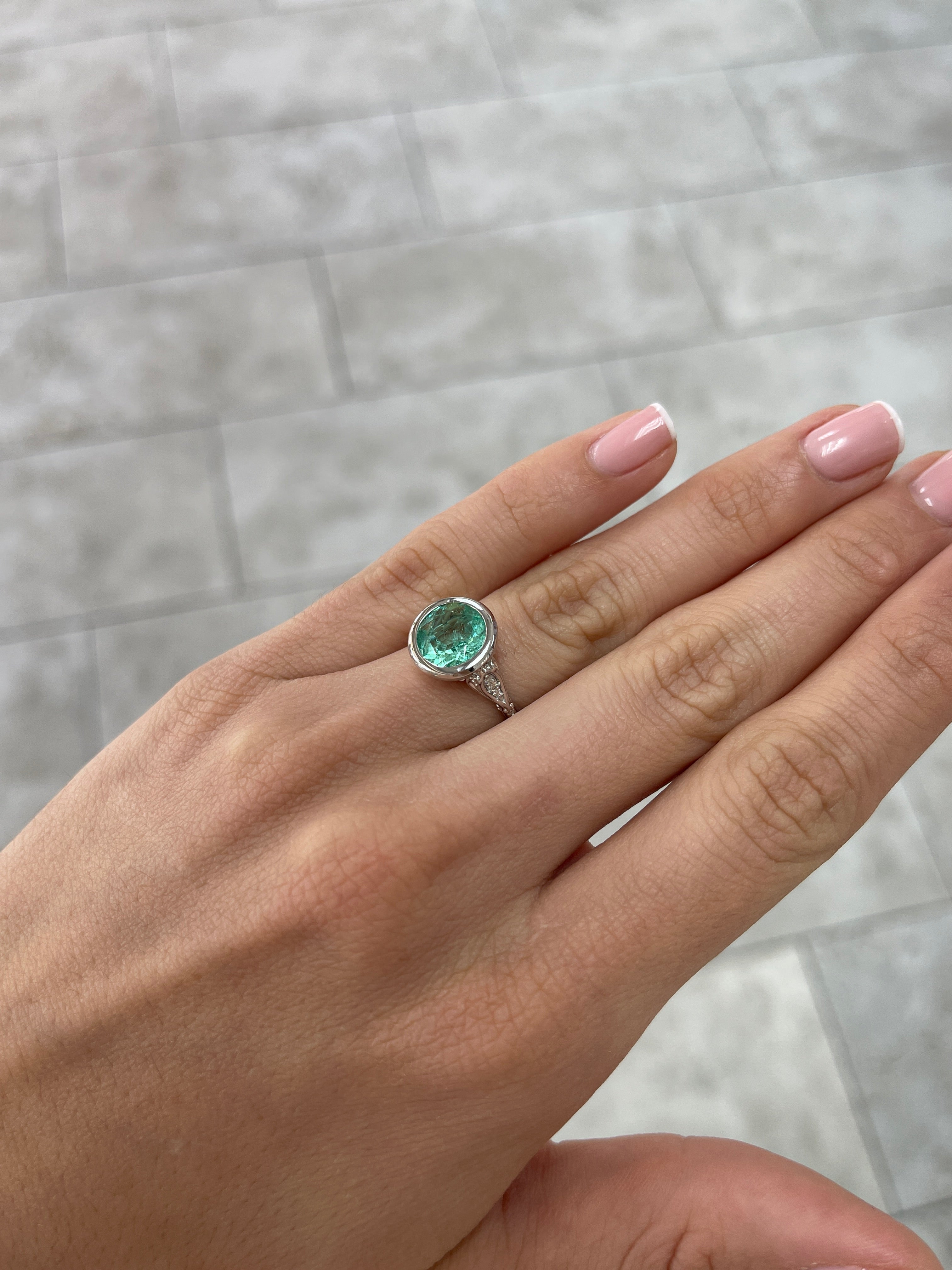 IG Exclusive 2.53 Carat Round Colombian Emerald Vintage Bezel Set Solitaire with Diamond Ring 14K White - JR Colombian Emeralds