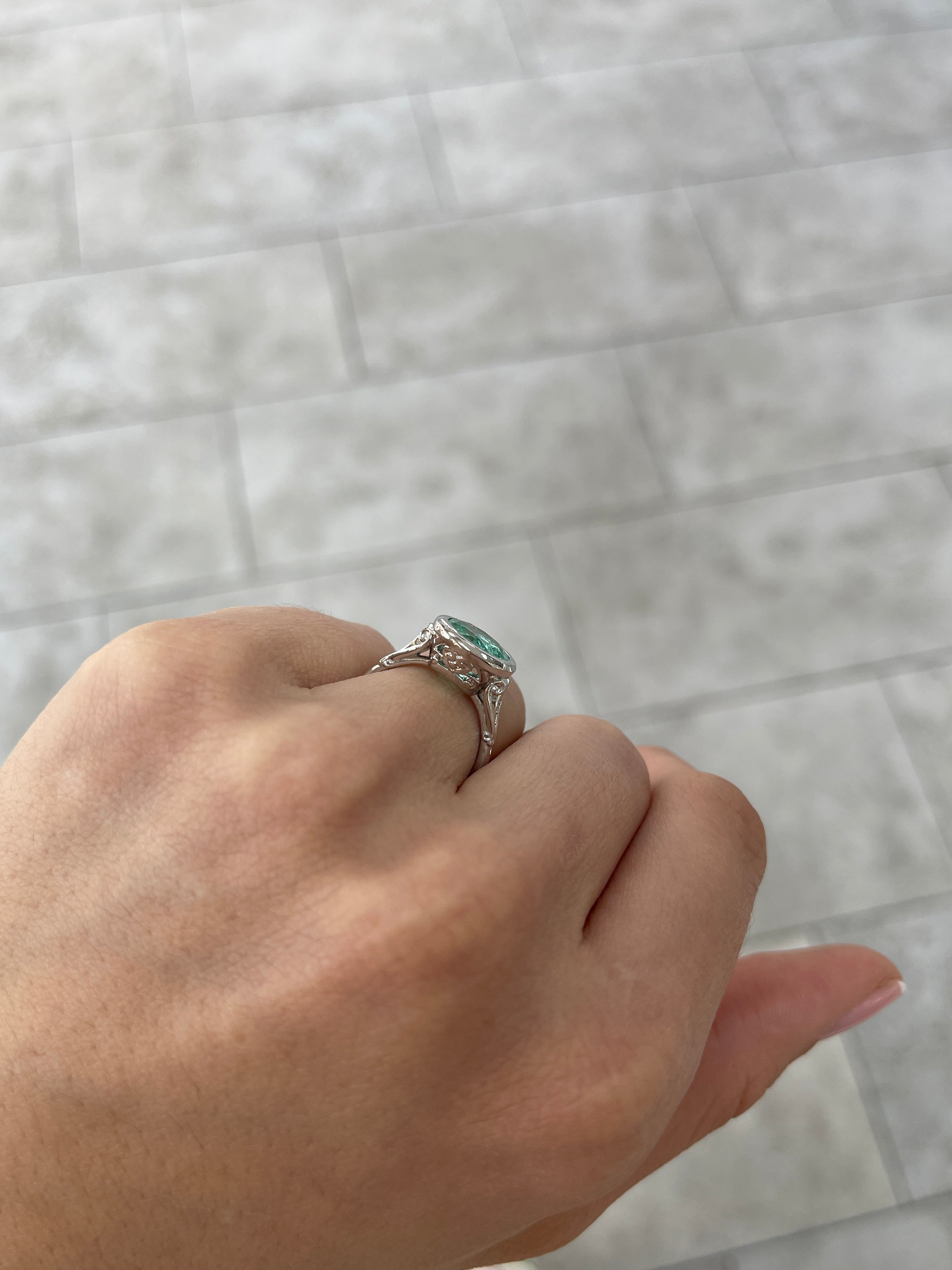 IG Exclusive 2.53 Carat Round Colombian Emerald Vintage Bezel Set Solitaire with Diamond Ring 14K White - JR Colombian Emeralds