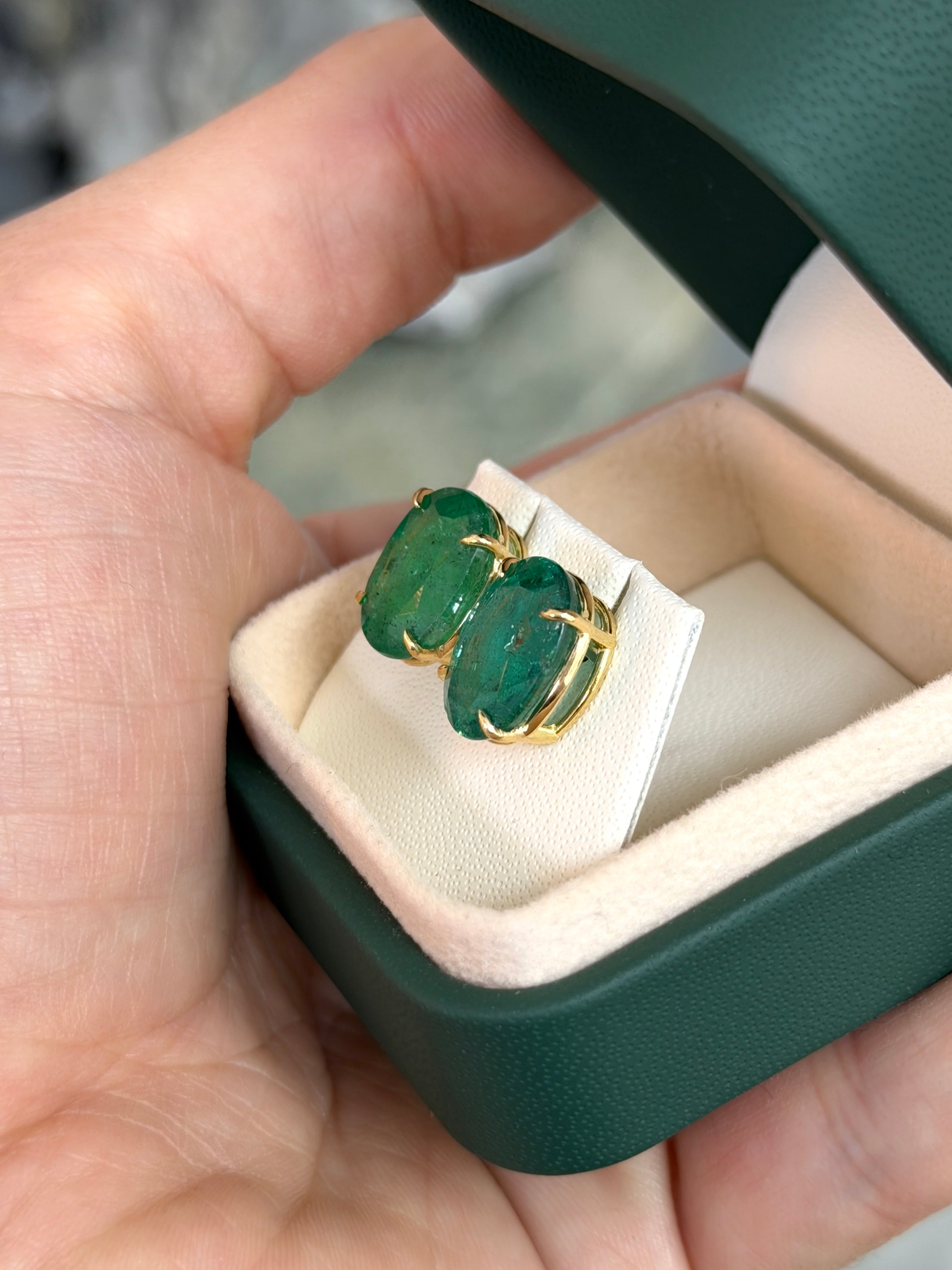 11.90tcw Classic Green Oval Emerald Solitaire Stud Earrings 18K - JR Colombian Emeralds