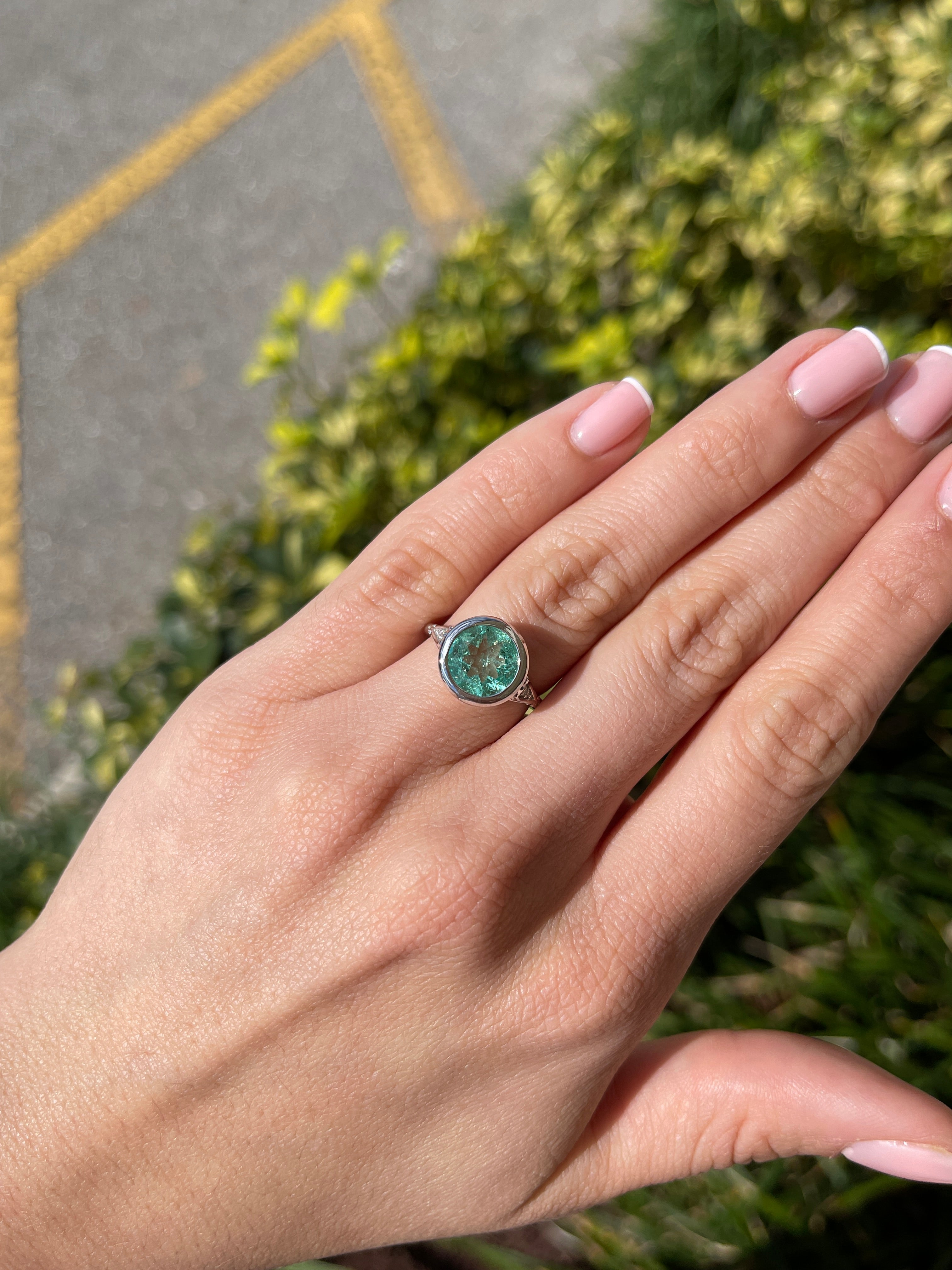 IG Exclusive 2.53 Carat Round Colombian Emerald Vintage Bezel Set Solitaire with Diamond Ring 14K White - JR Colombian Emeralds