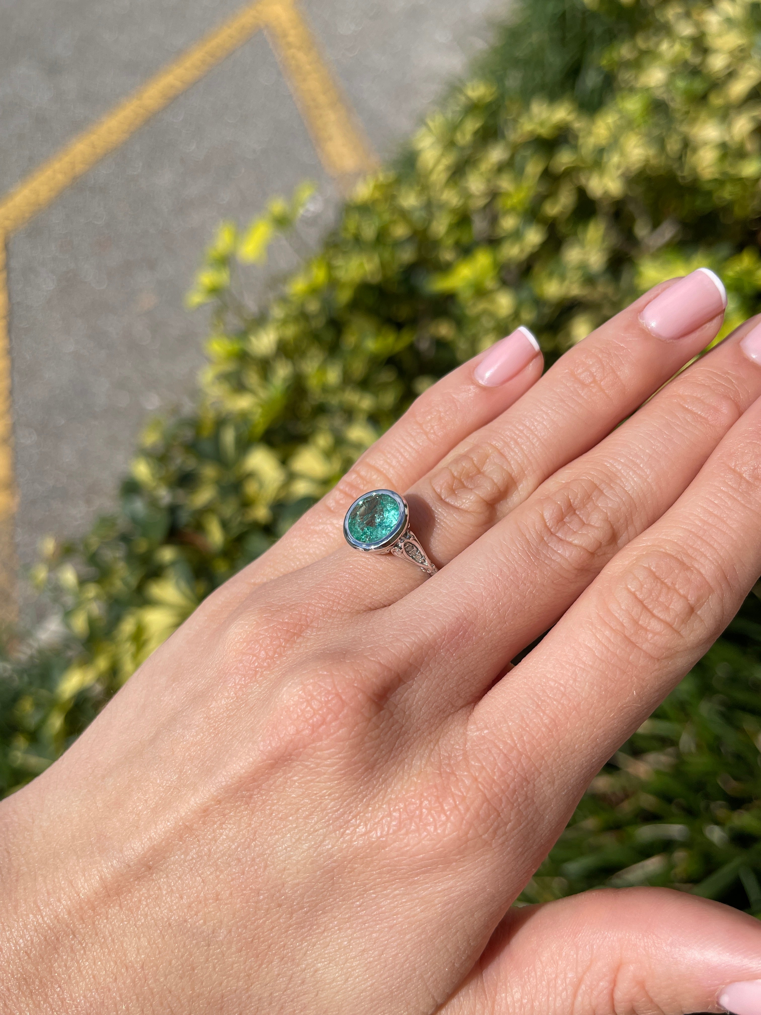 IG Exclusive 2.53 Carat Round Colombian Emerald Vintage Bezel Set Solitaire with Diamond Ring 14K White - JR Colombian Emeralds