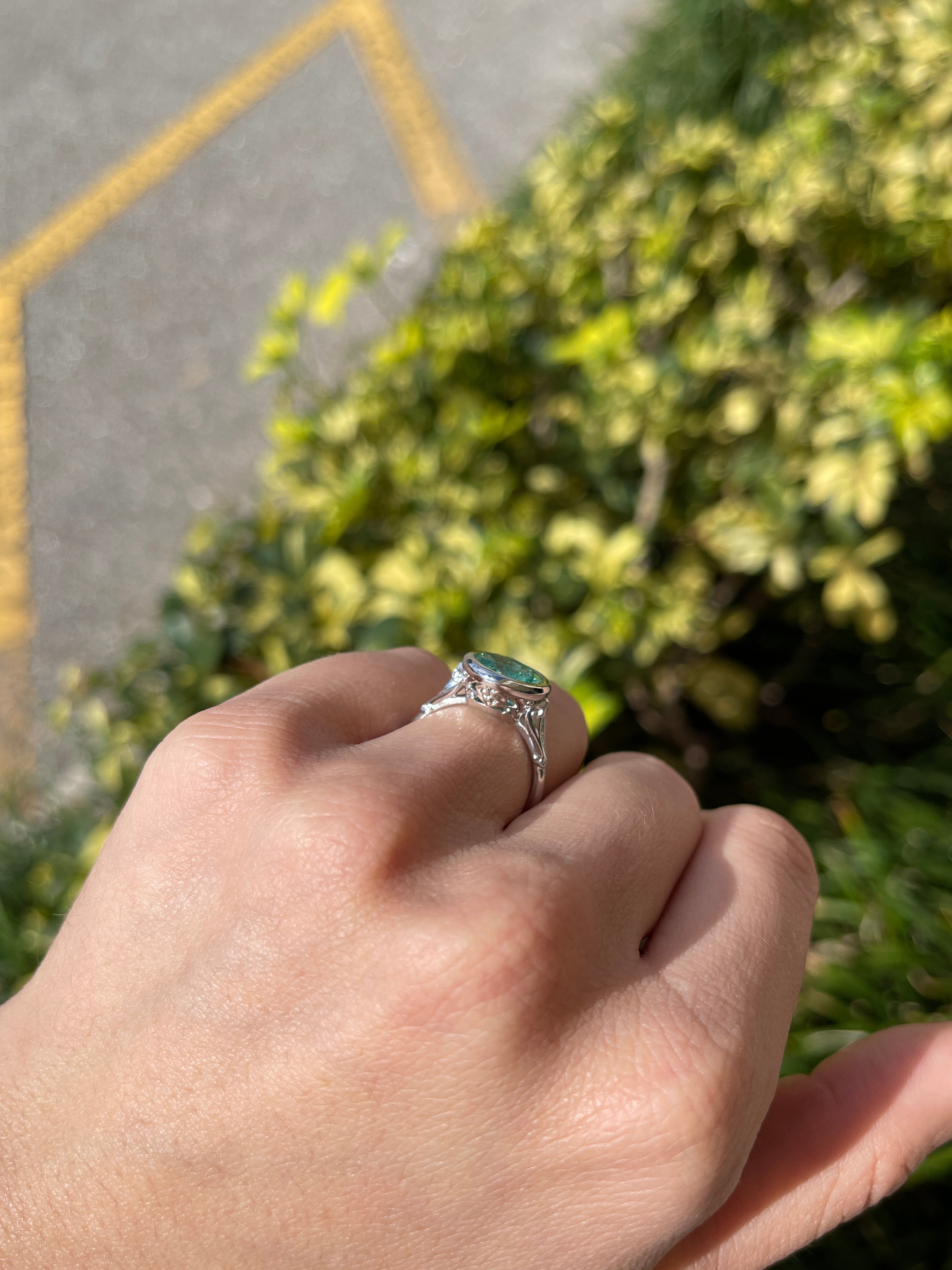 IG Exclusive 2.53 Carat Round Colombian Emerald Vintage Bezel Set Solitaire with Diamond Ring 14K White - JR Colombian Emeralds