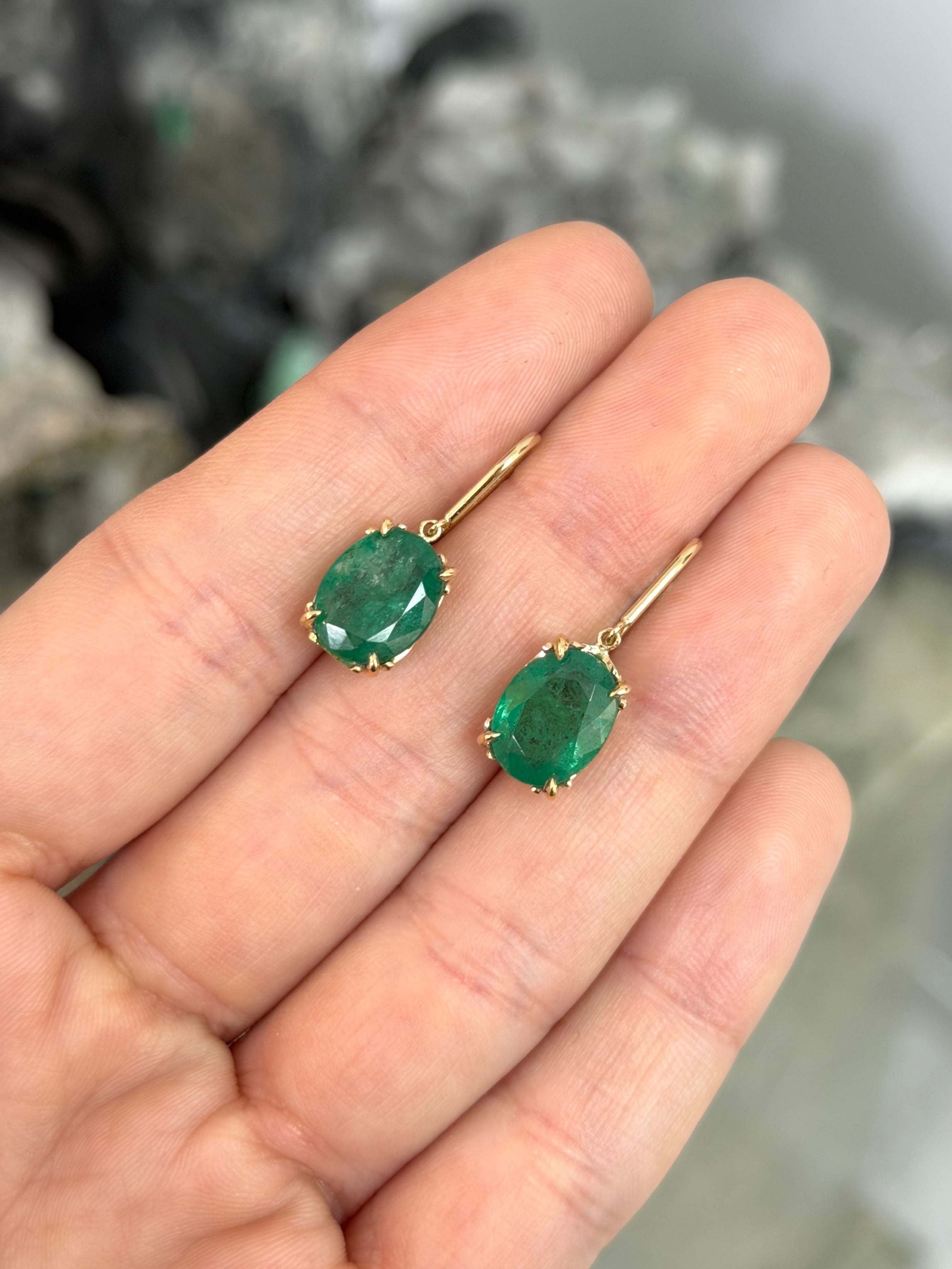 7.30tcw 14K Natural Oval Emerald Fleur De Lis Bishop Hook Earrings
