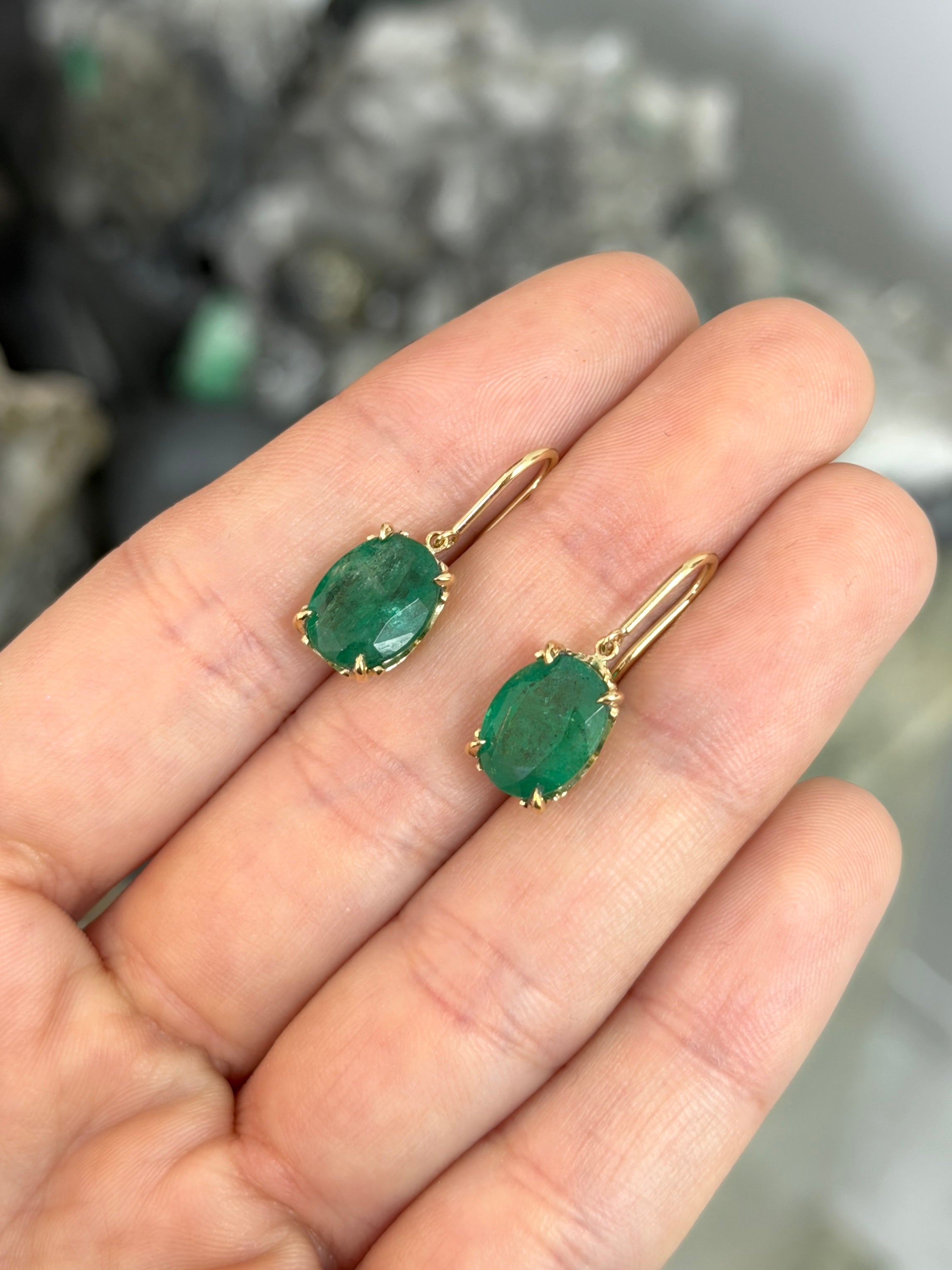 7.30tcw 14K Natural Oval Emerald Fleur De Lis Bishop Hook Earrings