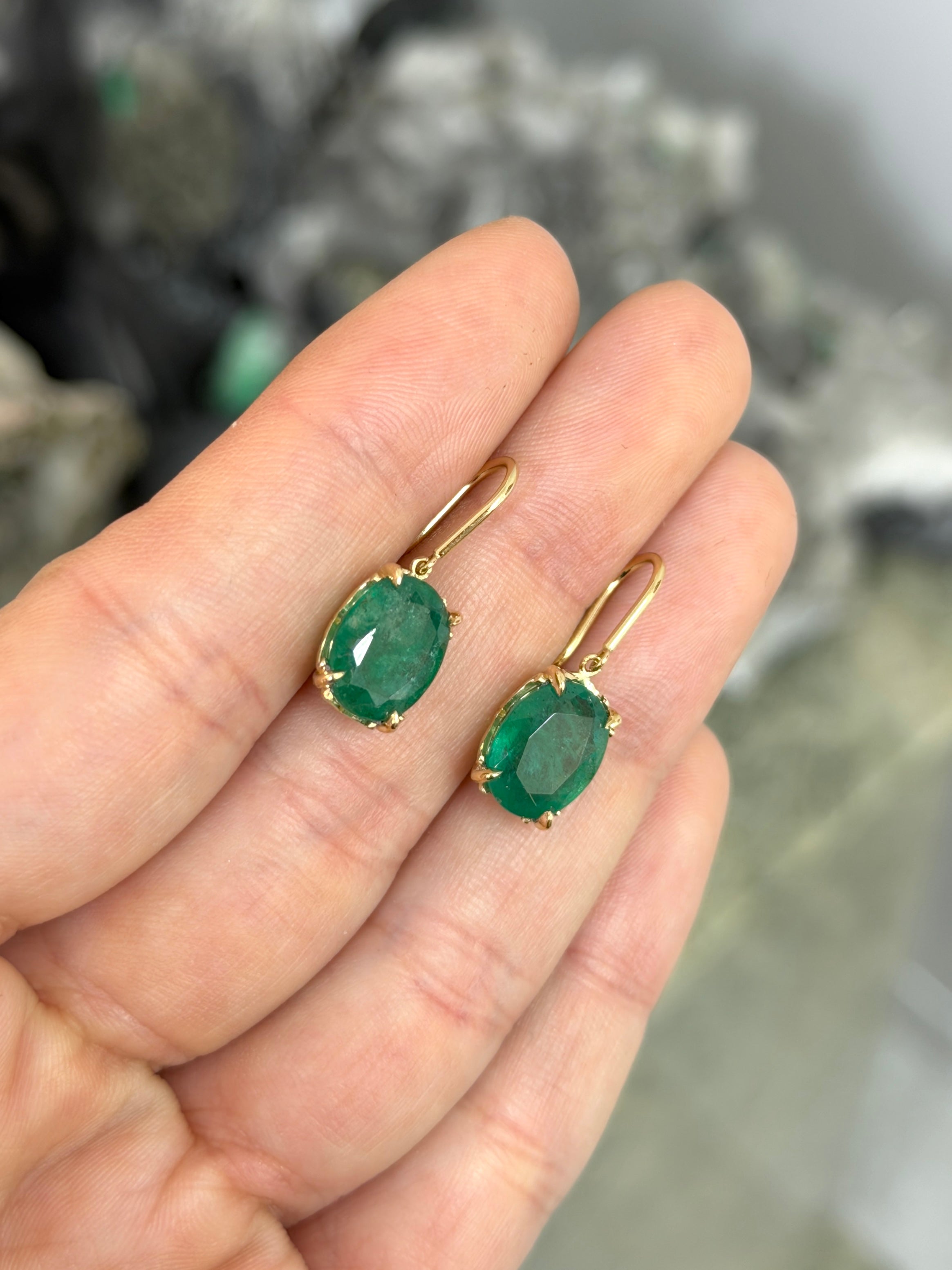 7.30tcw 14K Natural Oval Emerald Fleur De Lis Bishop Hook Earrings