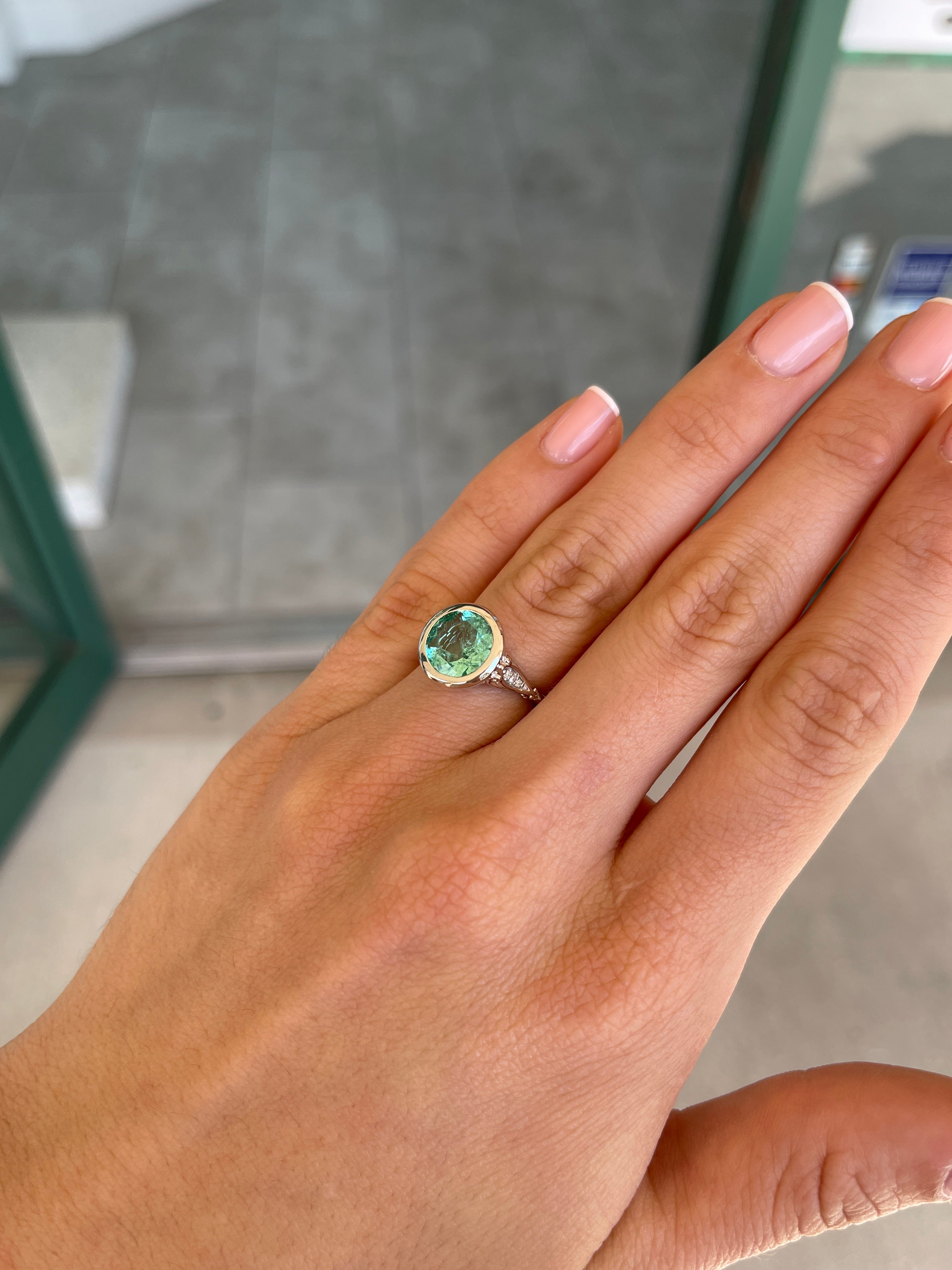 IG Exclusive 2.53 Carat Round Colombian Emerald Vintage Bezel Set Solitaire with Diamond Ring 14K White - JR Colombian Emeralds
