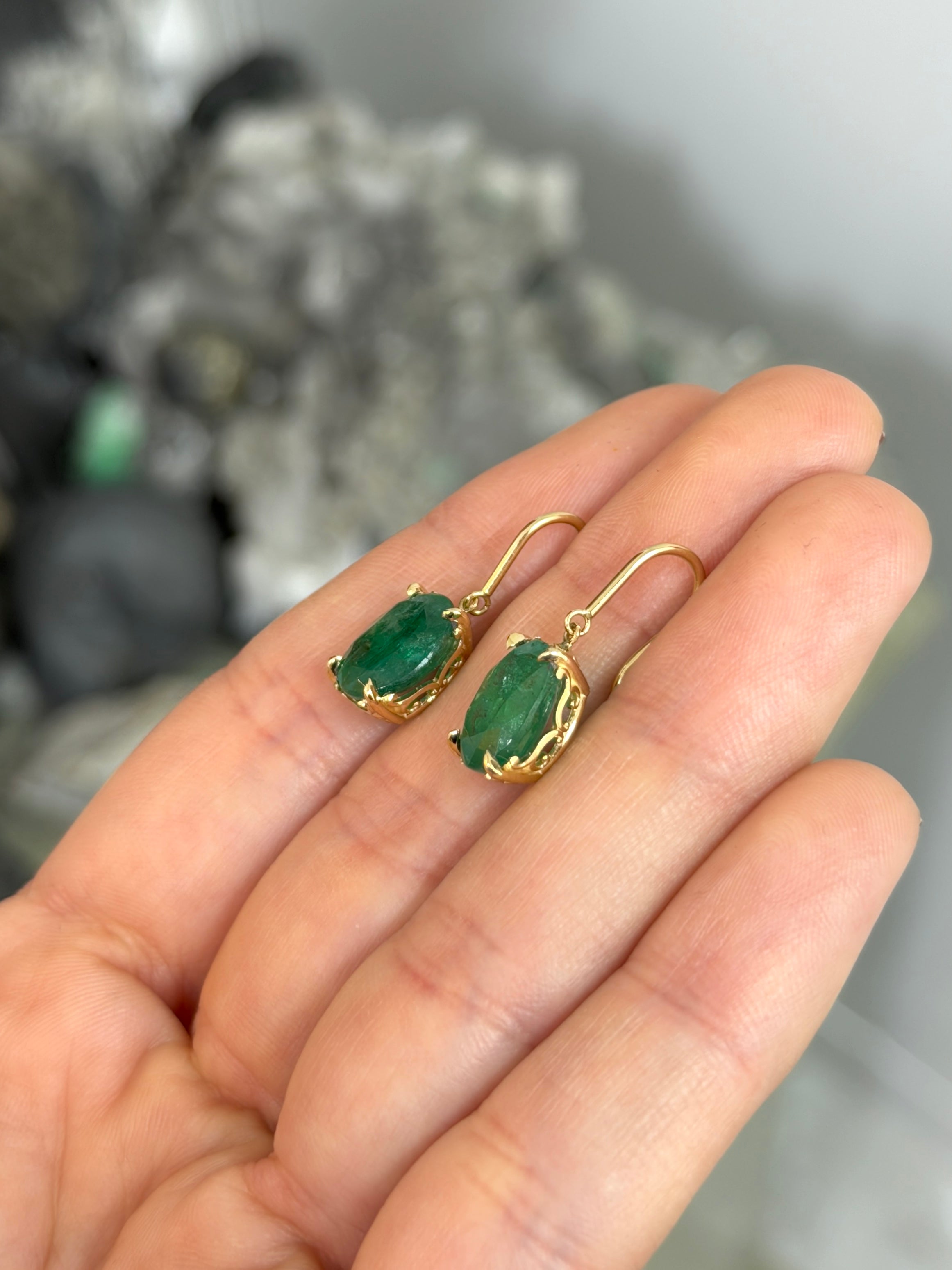 7.30tcw 14K Natural Oval Emerald Fleur De Lis Bishop Hook Earrings - JR Colombian Emeralds