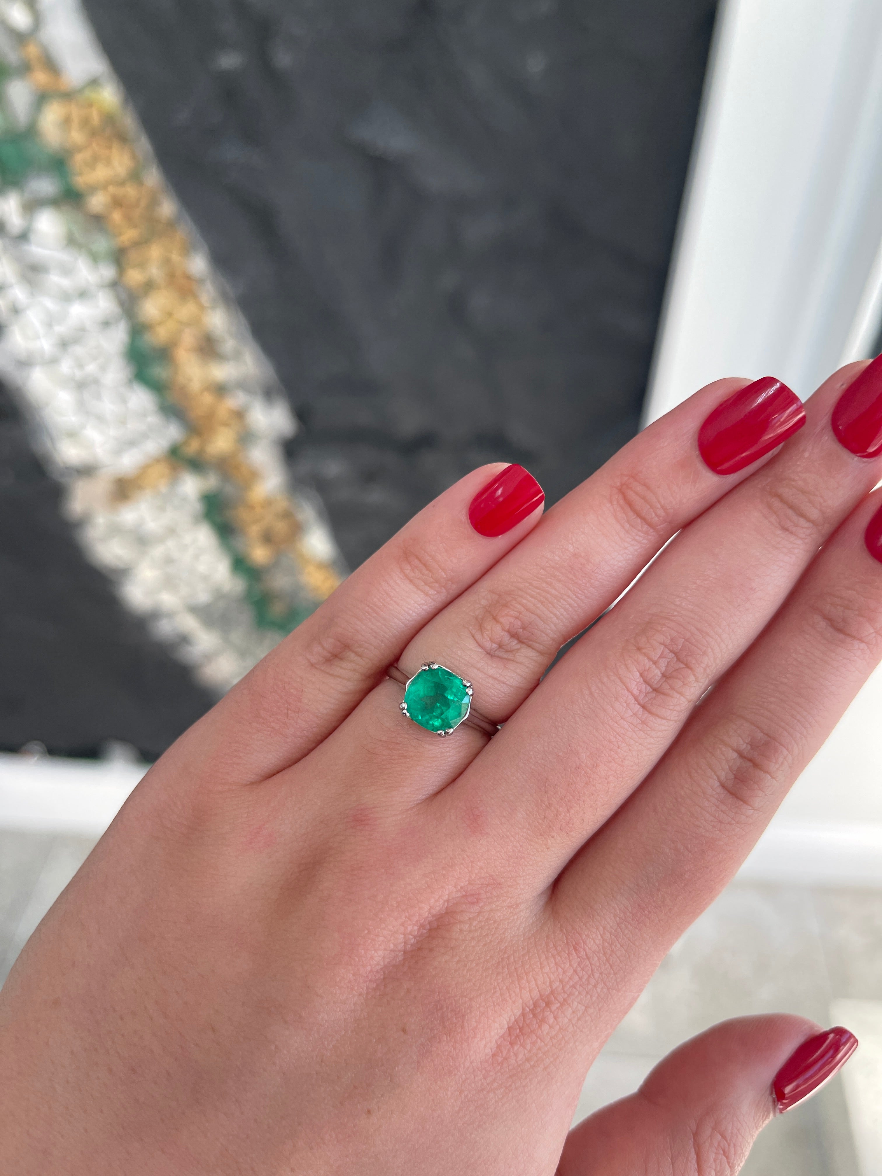 2.42ct 14K Natural Cushion Cut Rich Vivid Green Double Prong Emerald Solitaire White Gold Ring - JR Colombian Emeralds