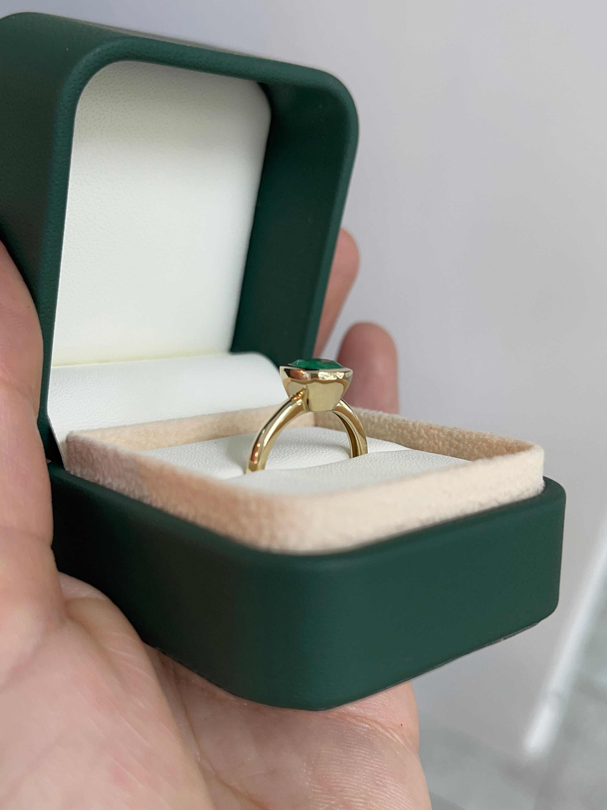 1.82ct 18K Bezel Set Muzo Cushion Cut Colombian Emerald Solitaire Ring - JR Colombian Emeralds