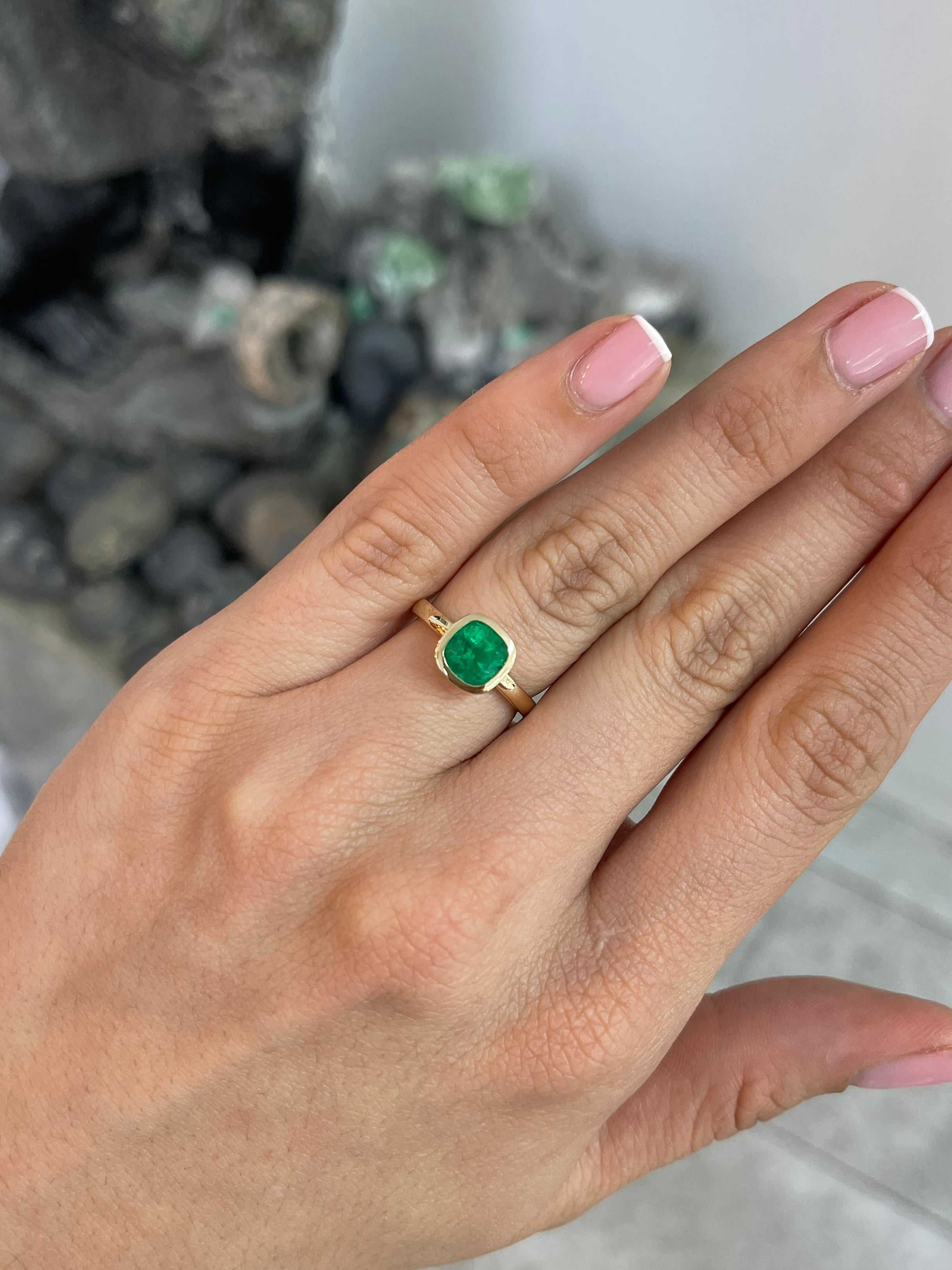 1.82ct 18K Bezel Set Muzo Cushion Cut Colombian Emerald Solitaire Ring - JR Colombian Emeralds