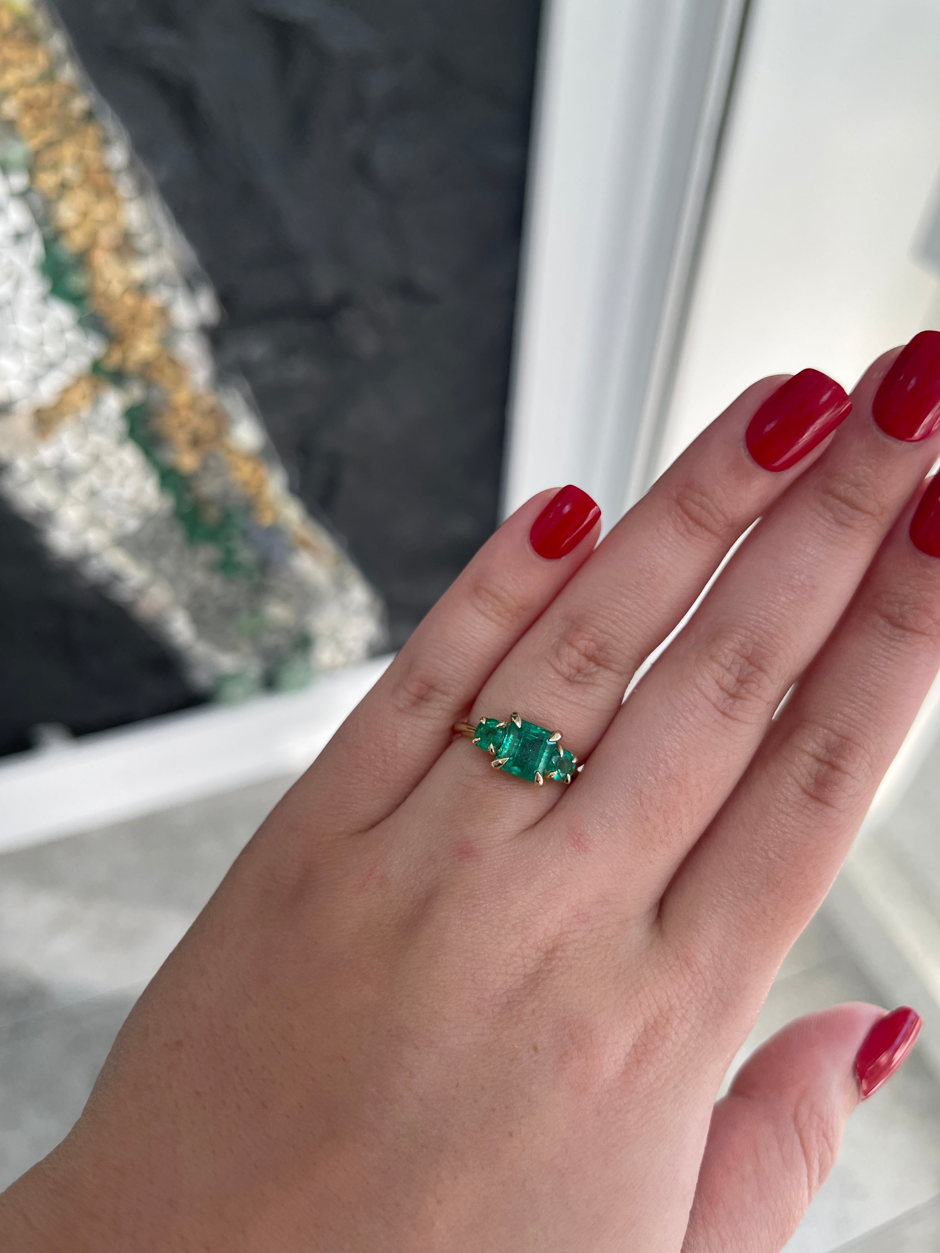 3.01tcw 14K Natural Lush Green Asscher Round Cut Emerald 3 Stone Claw Prong Trilogy Ring
