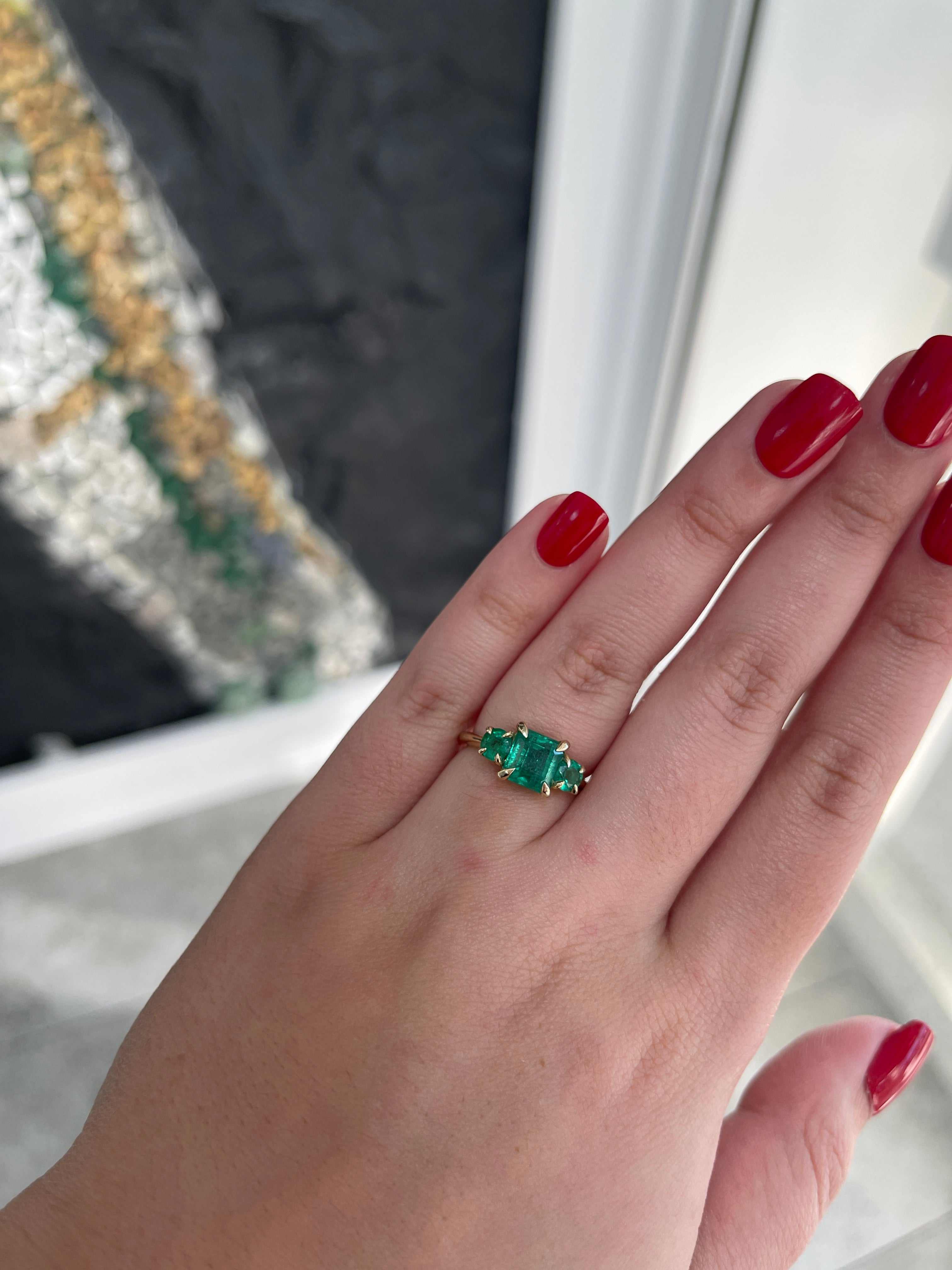 3.01tcw 14K Natural Lush Green Asscher Round Cut Emerald 3 Stone Claw Prong Trilogy Ring - JR Colombian Emeralds