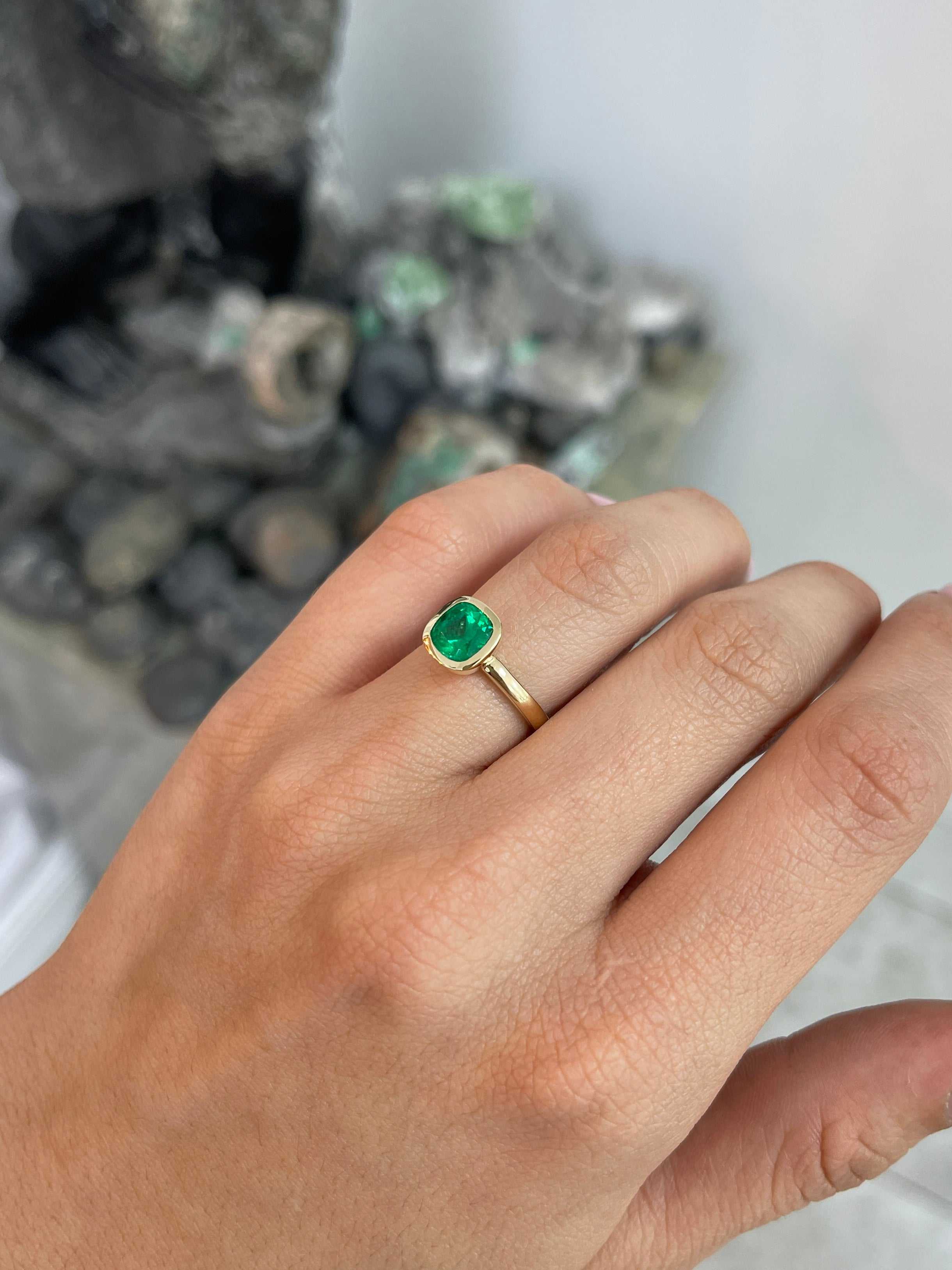 1.82ct 18K Bezel Set Muzo Cushion Cut Colombian Emerald Solitaire Ring - JR Colombian Emeralds