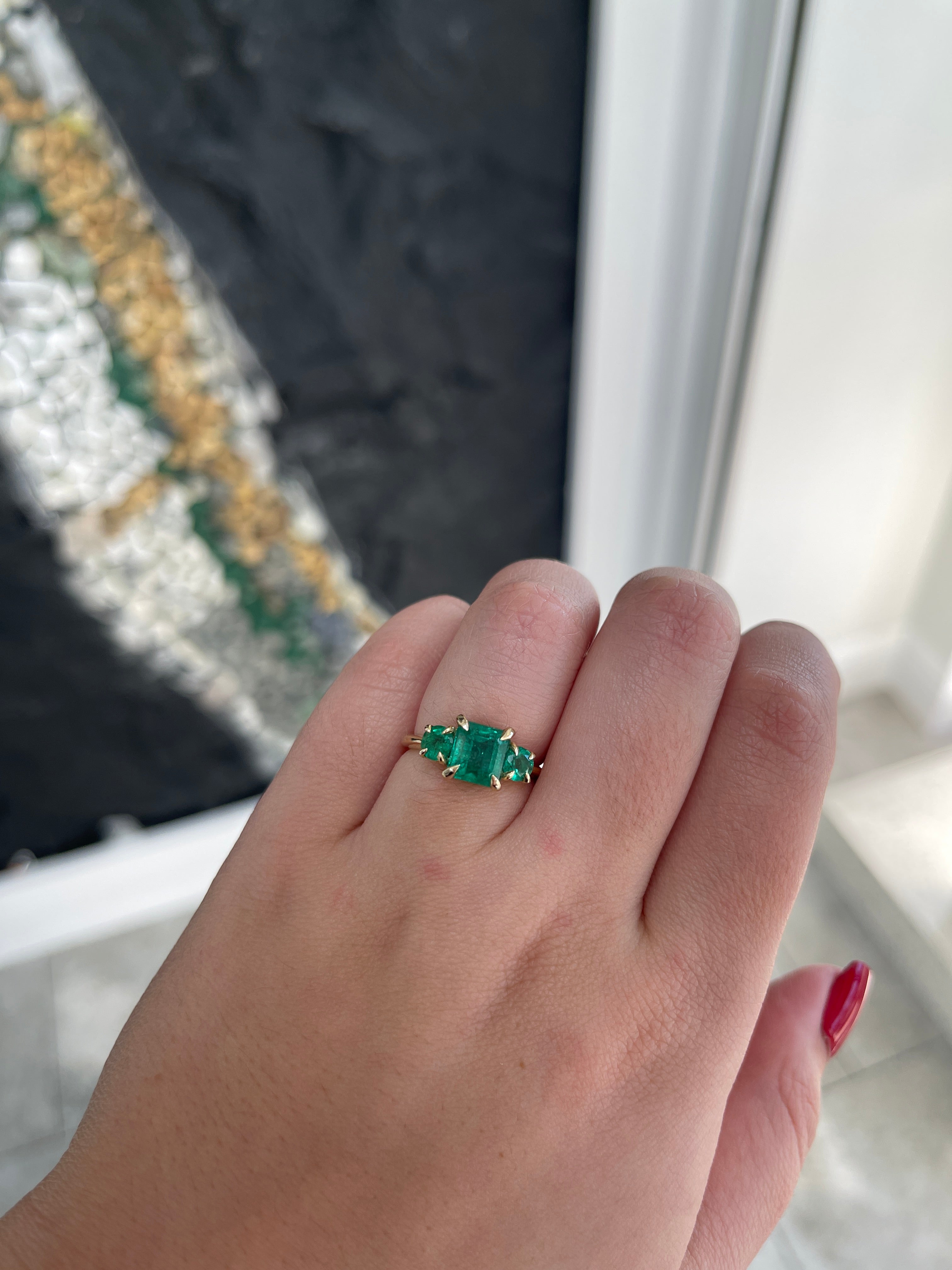 3.01tcw 14K Natural Lush Green Asscher Round Cut Emerald 3 Stone Claw Prong Trilogy Ring