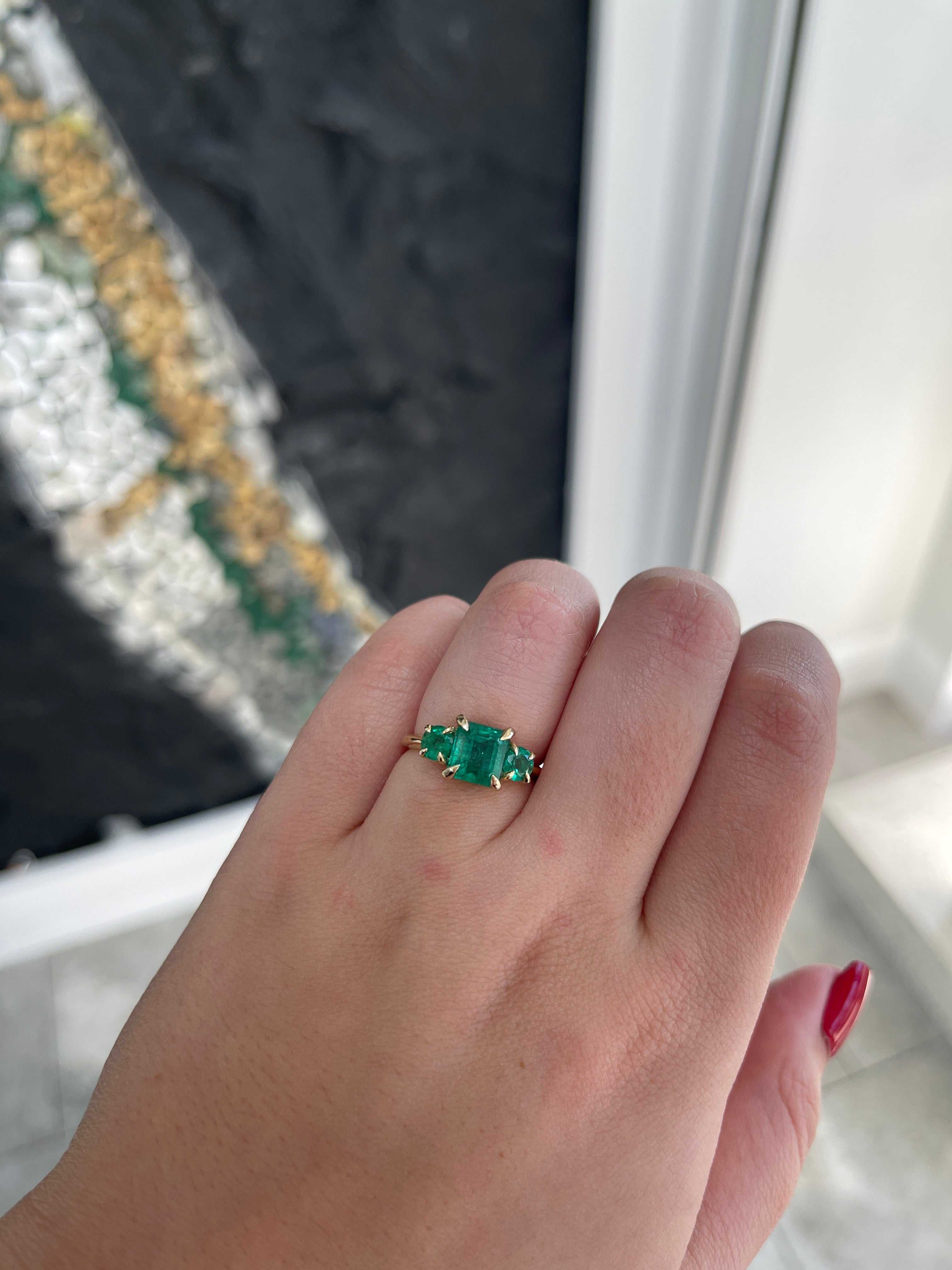 3.01tcw 14K Natural Lush Green Asscher Round Cut Emerald 3 Stone Claw Prong Trilogy Ring - JR Colombian Emeralds