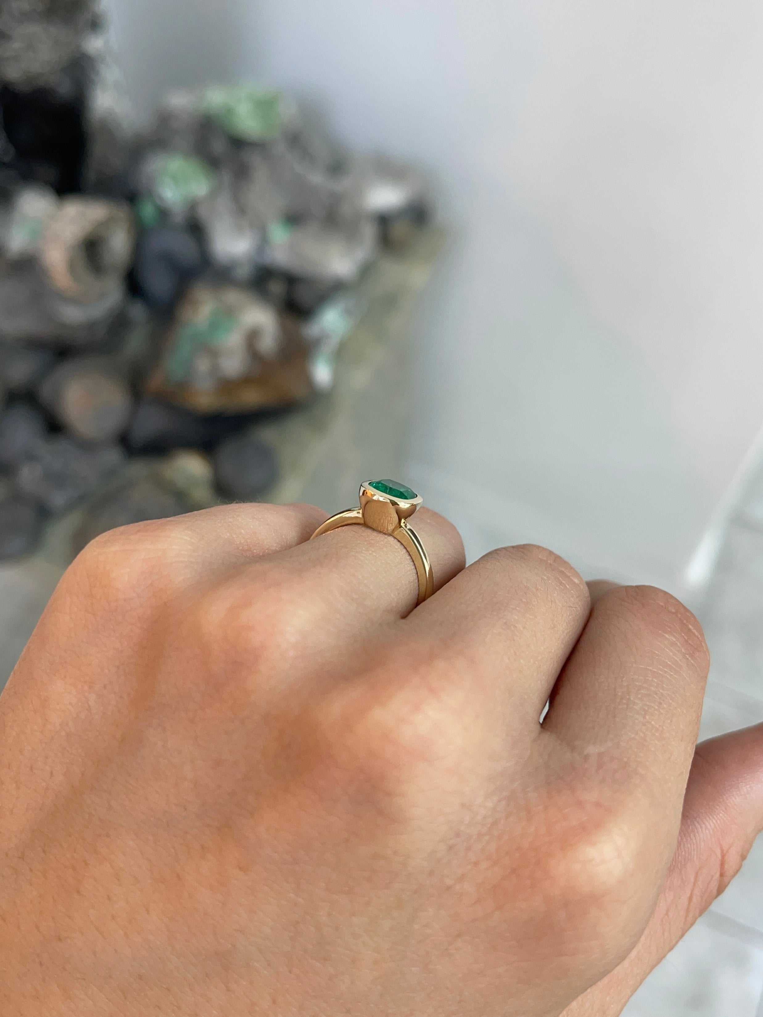 1.82ct 18K Bezel Set Muzo Cushion Cut Colombian Emerald Solitaire Ring - JR Colombian Emeralds