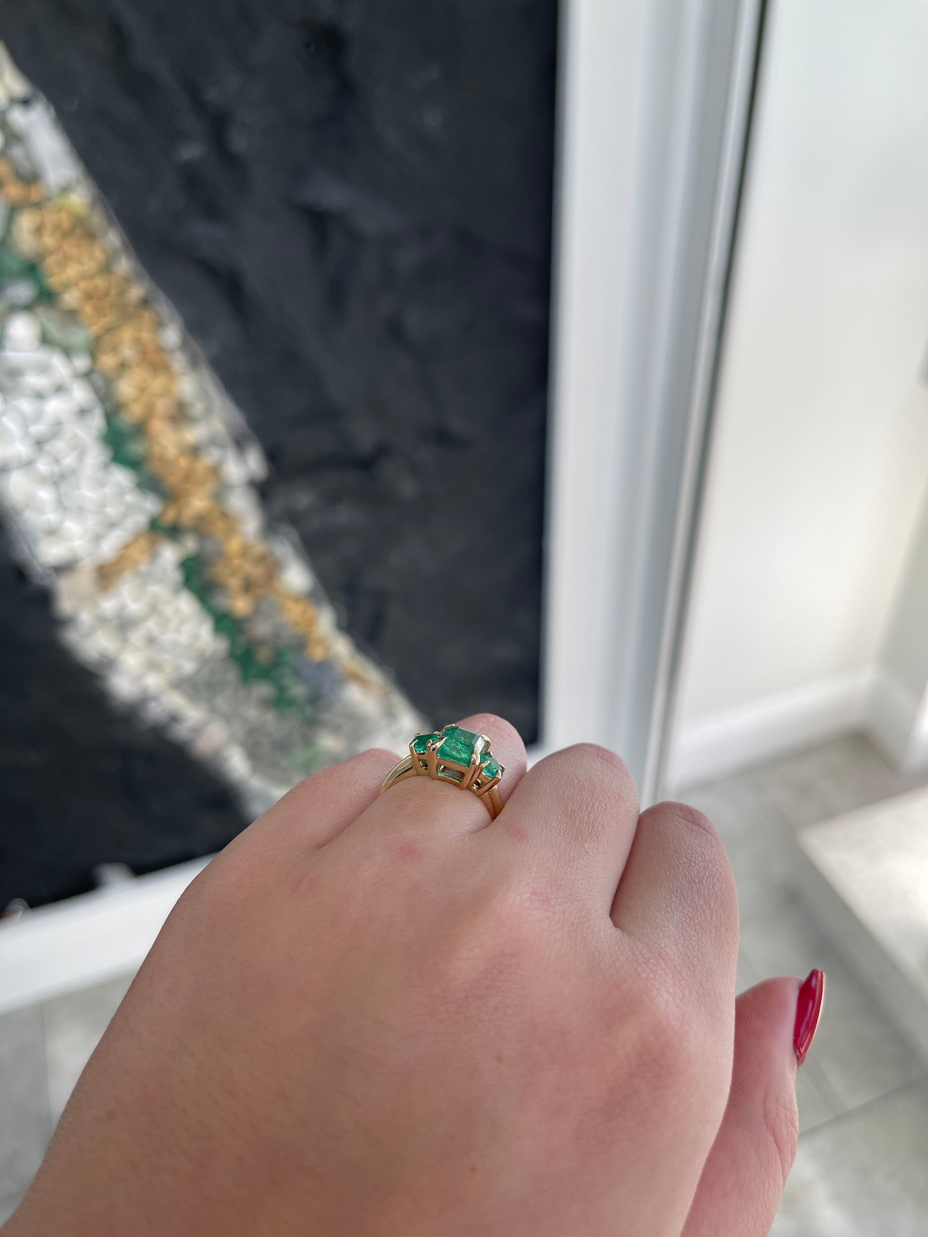 3.01tcw 14K Natural Lush Green Asscher Round Cut Emerald 3 Stone Claw Prong Trilogy Ring