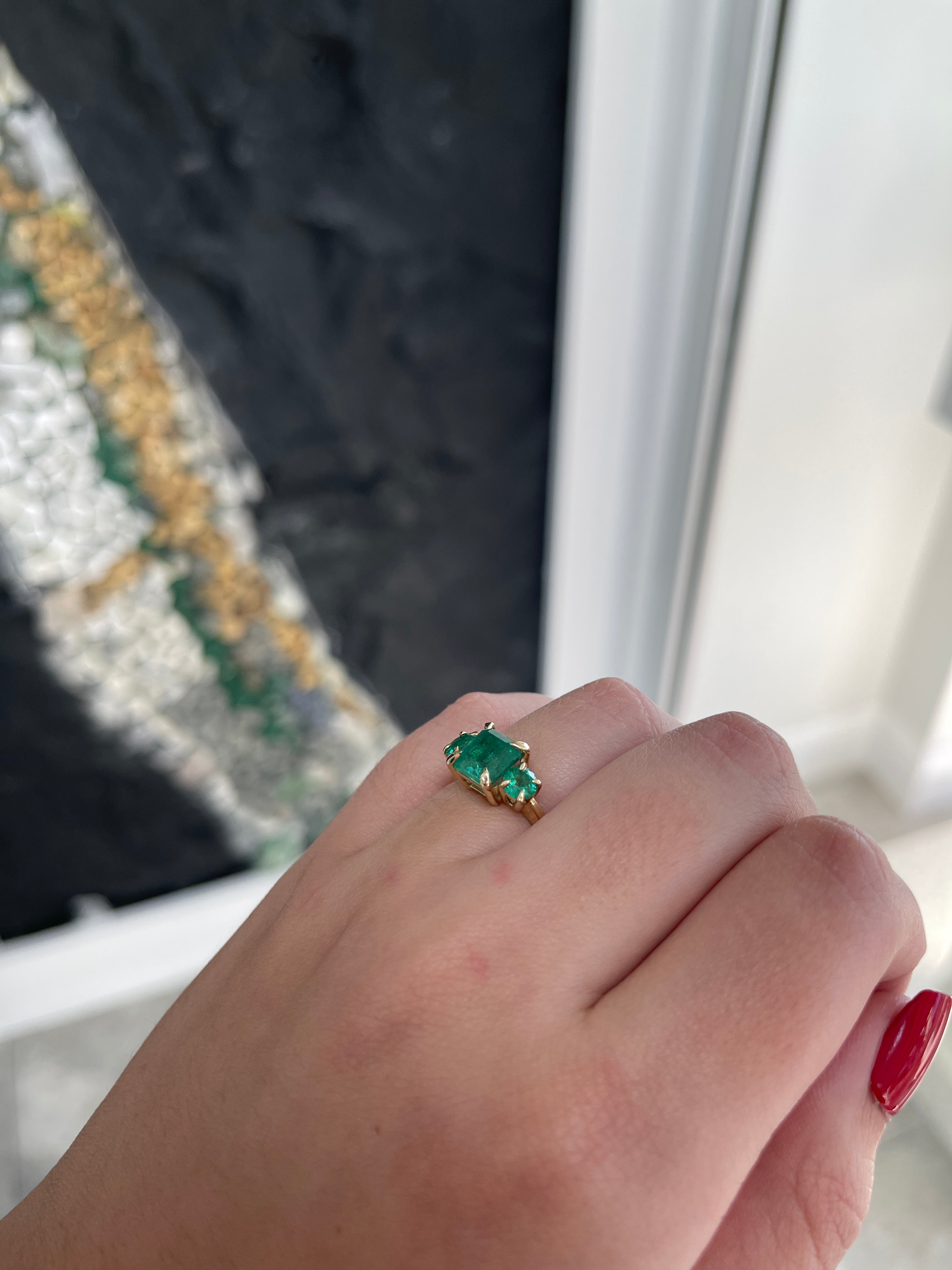 3.01tcw 14K Natural Lush Green Asscher Round Cut Emerald 3 Stone Claw Prong Trilogy Ring