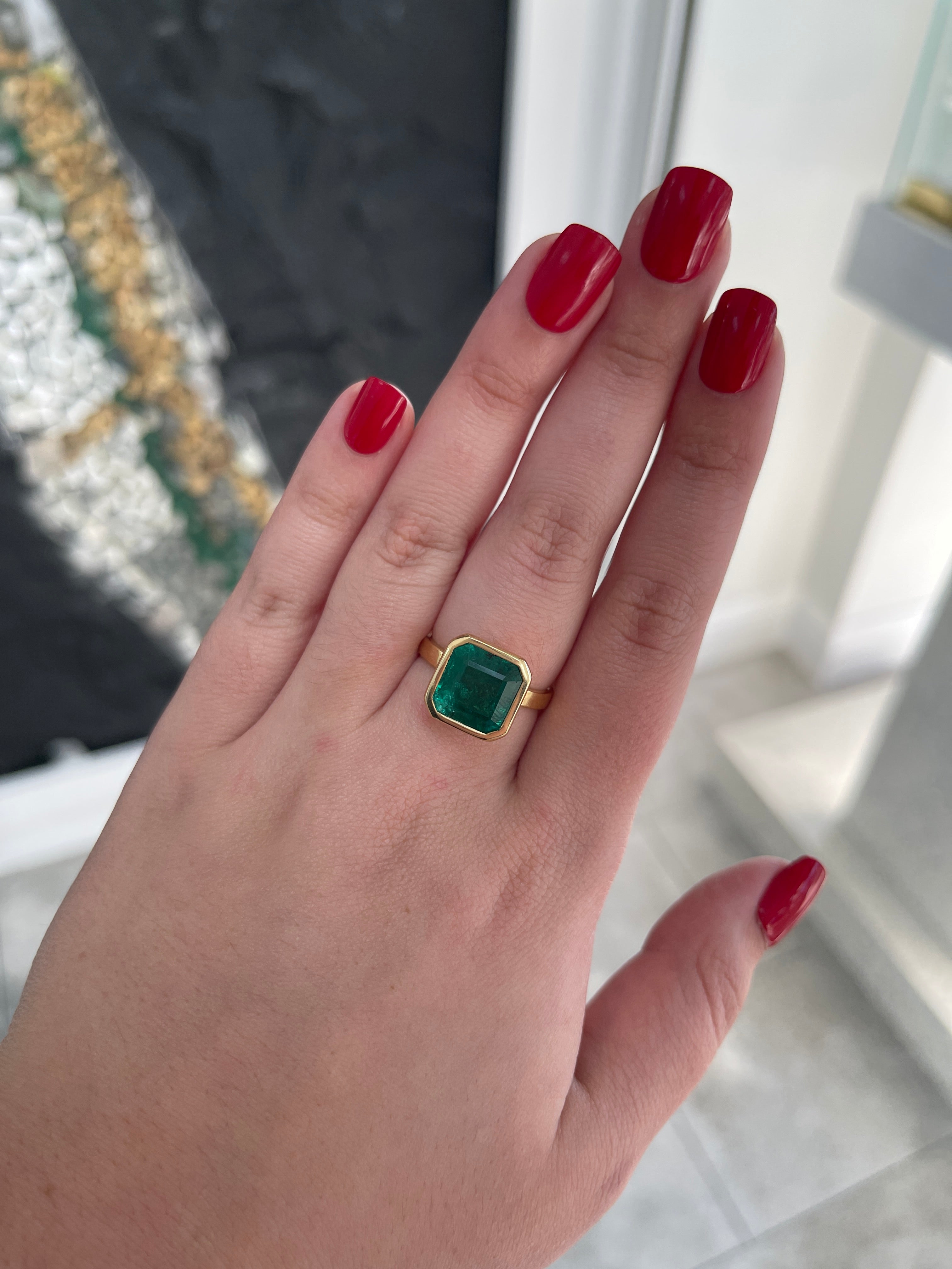 6.08ct 18K 750 Gold Dark Forest Green Large Asscher Cut Emerald Solitaire Engagement Ring