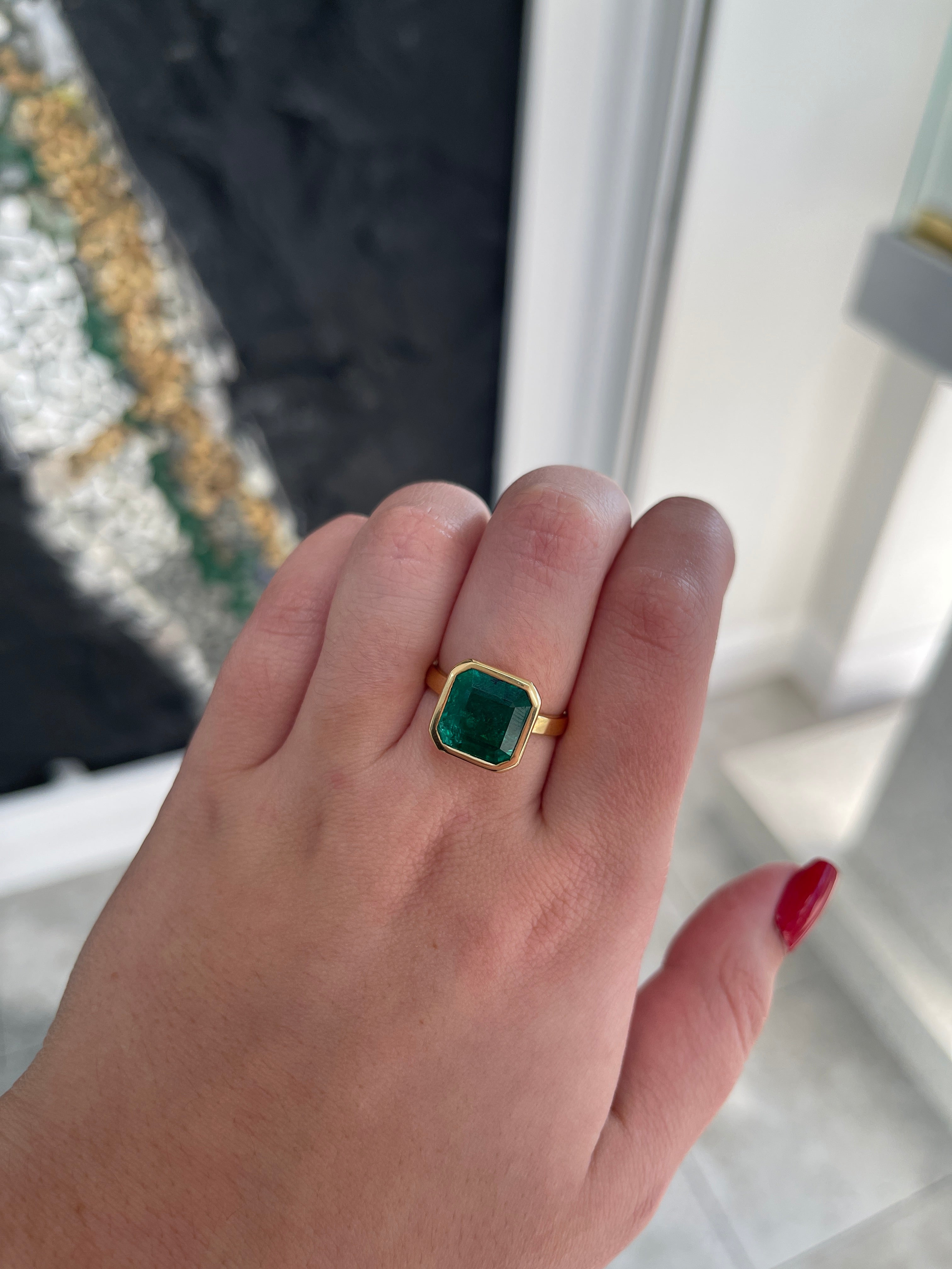 6.08ct 18K 750 Gold Dark Forest Green Large Asscher Cut Emerald Solitaire Engagement Ring
