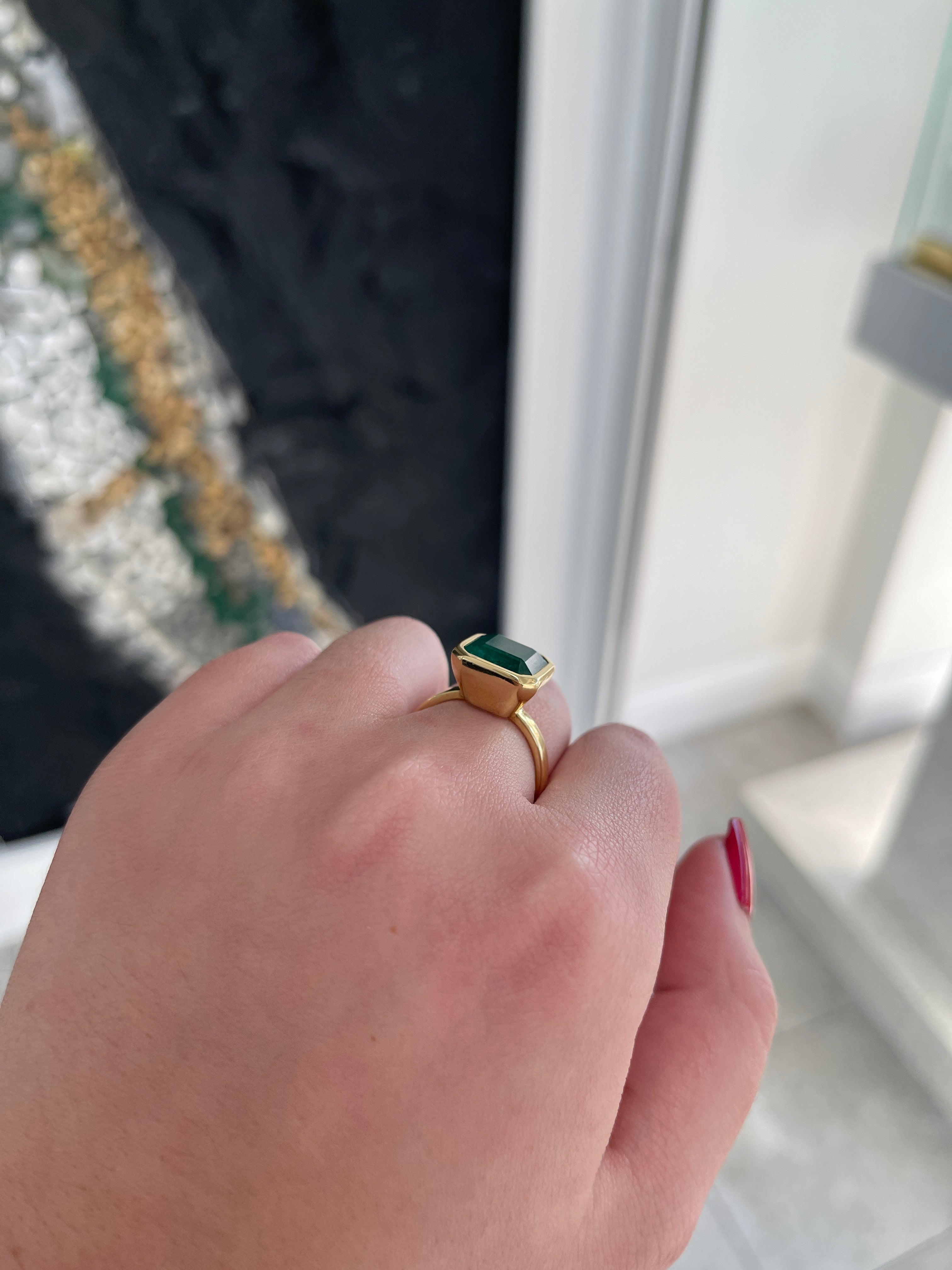 6.08ct 18K 750 Gold Dark Forest Green Large Asscher Cut Emerald Solitaire Engagement Ring