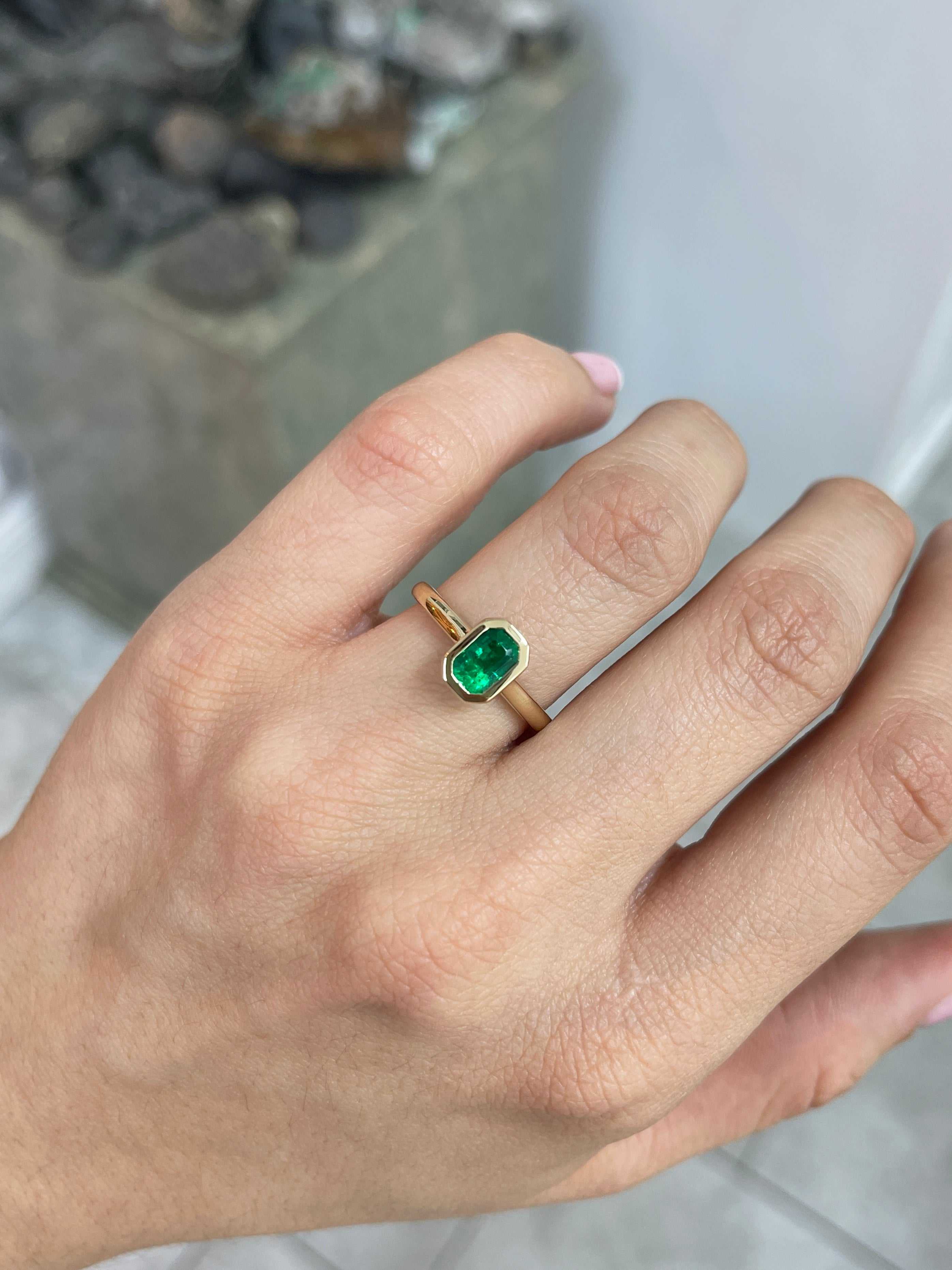 1.08cts AAA+ Bezel Set Muzo Colombian Emerald-Emerald Cut Solitaire Ring 18K - JR Colombian Emeralds