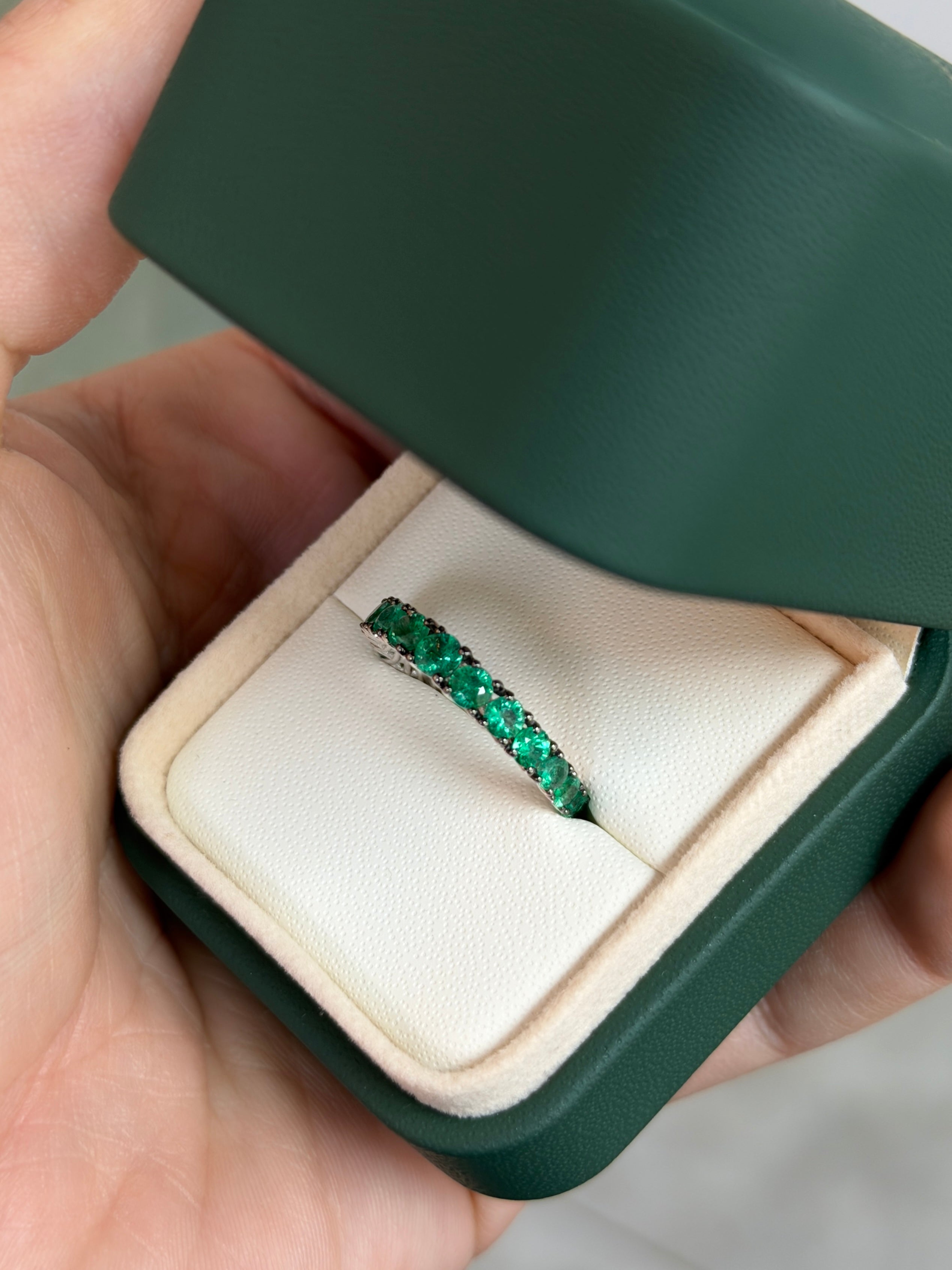 1.68tcw Graduated Natural Emerald 3/4 Band 18K White Gold- Size 7 - JR Colombian Emeralds