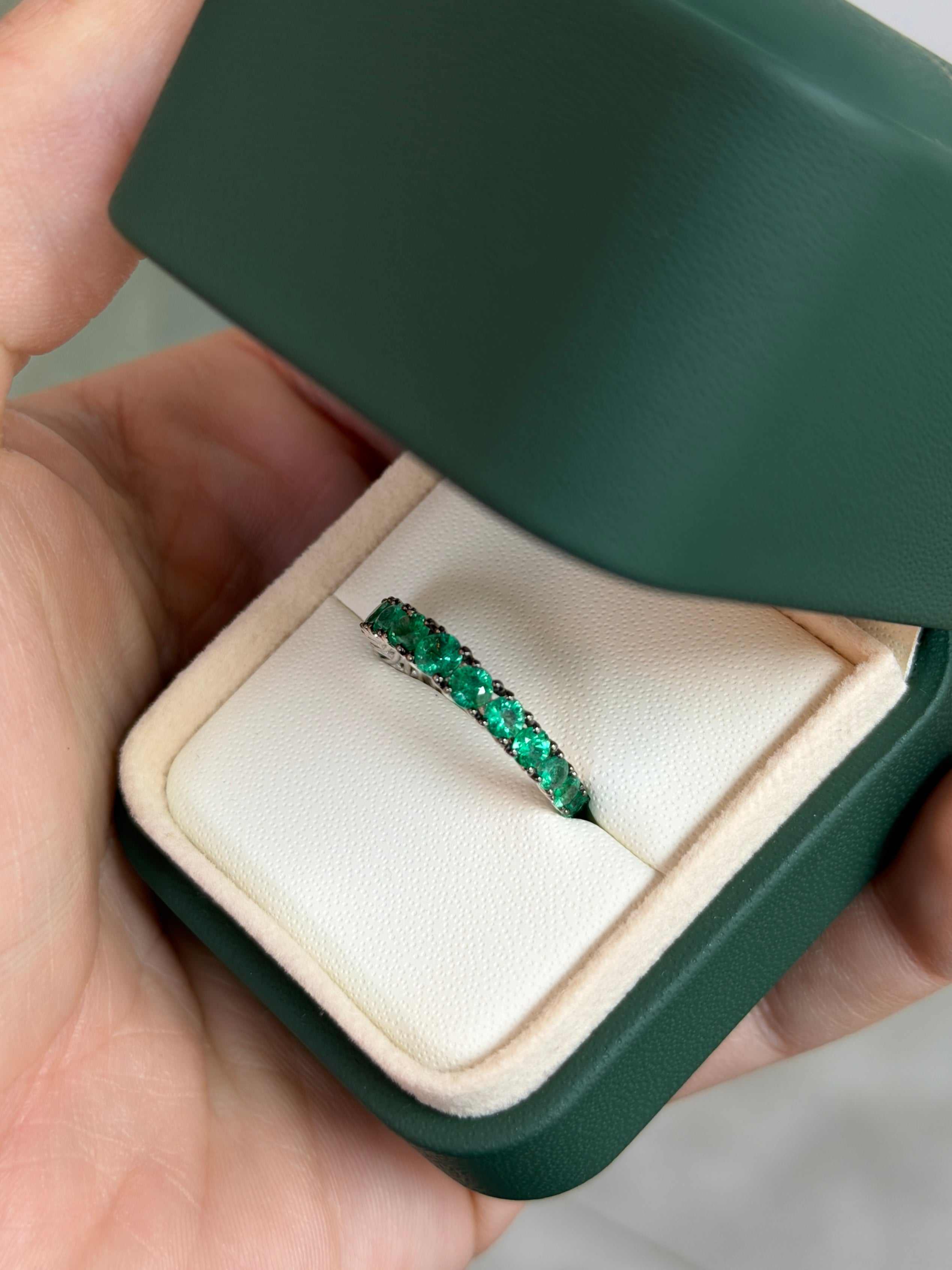 1.68tcw Graduated Natural Emerald 3/4 Band 18K White Gold- Size 7 - JR Colombian Emeralds