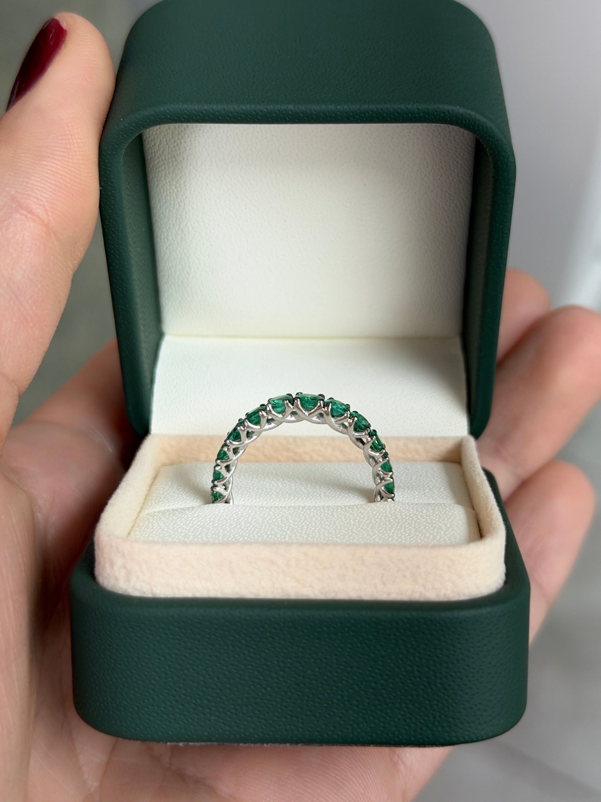 1.68tcw Graduated Natural Emerald 3/4 Band 18K White Gold- Size 7 - JR Colombian Emeralds