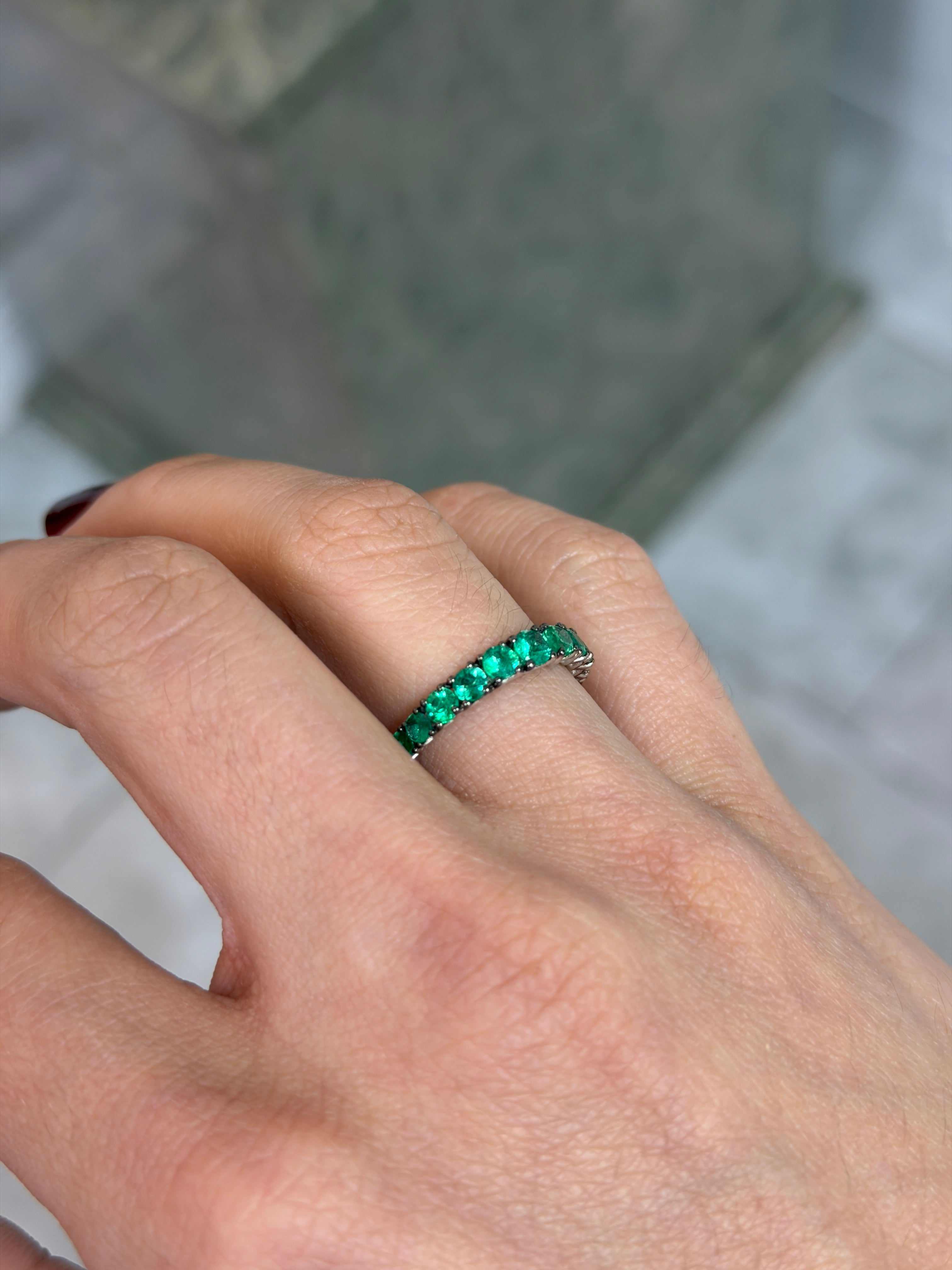 1.68tcw Graduated Natural Emerald 3/4 Band 18K White Gold- Size 7 - JR Colombian Emeralds