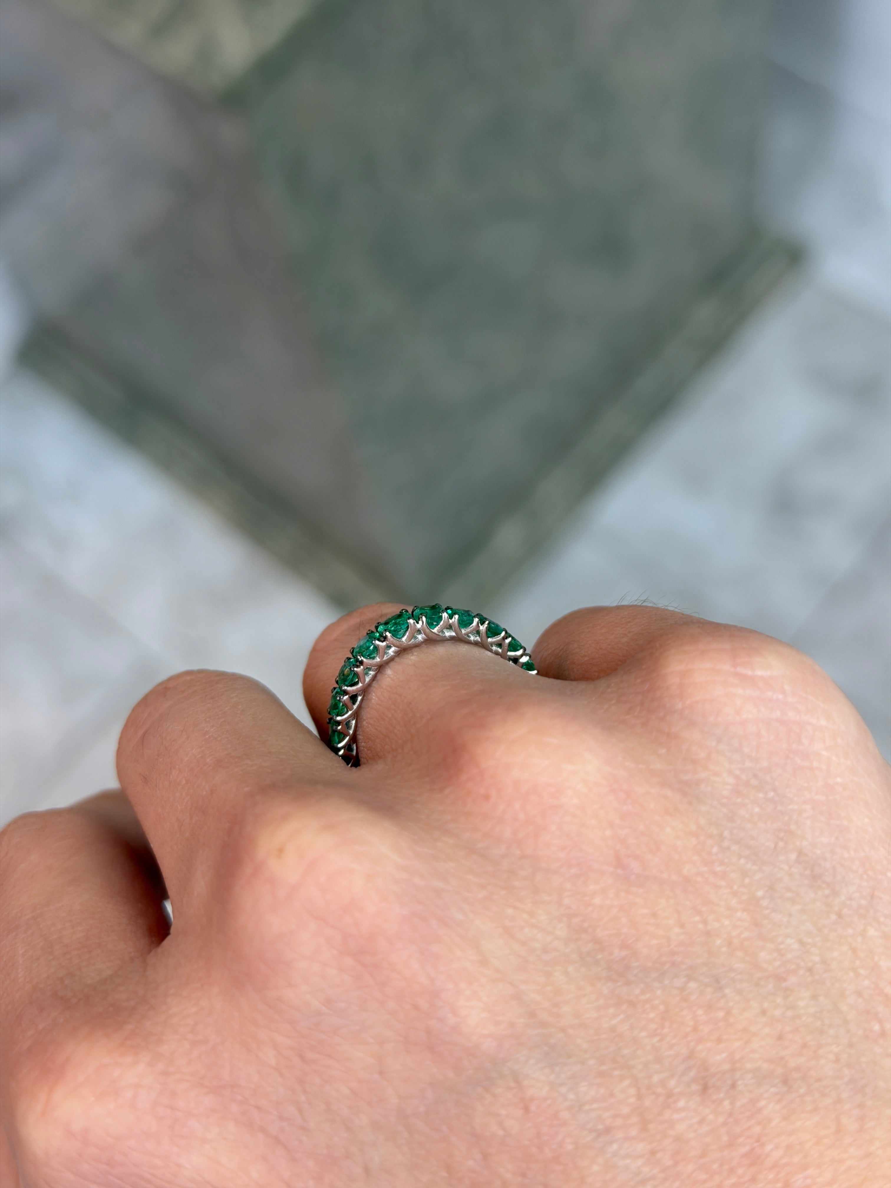 1.68tcw Graduated Natural Emerald 3/4 Band 18K White Gold- Size 7 - JR Colombian Emeralds