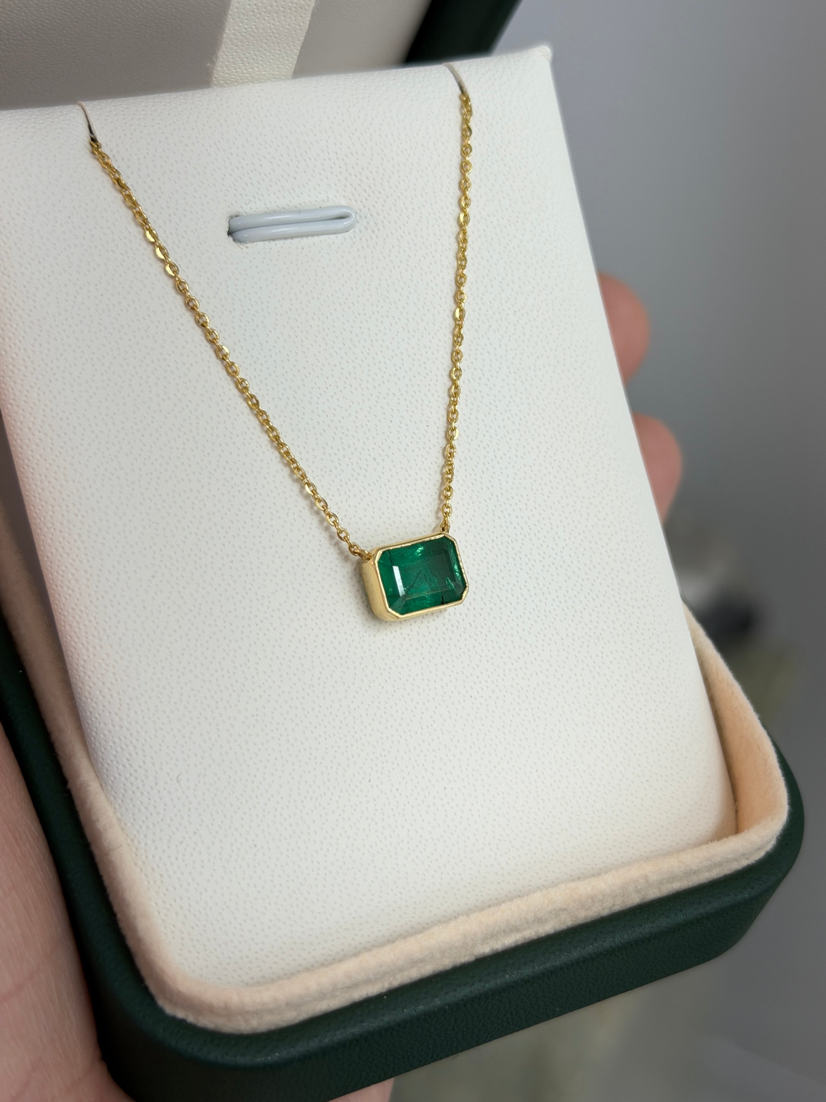 1.73 Carat East to West Bezel Set Emerald Necklace 14K Gold